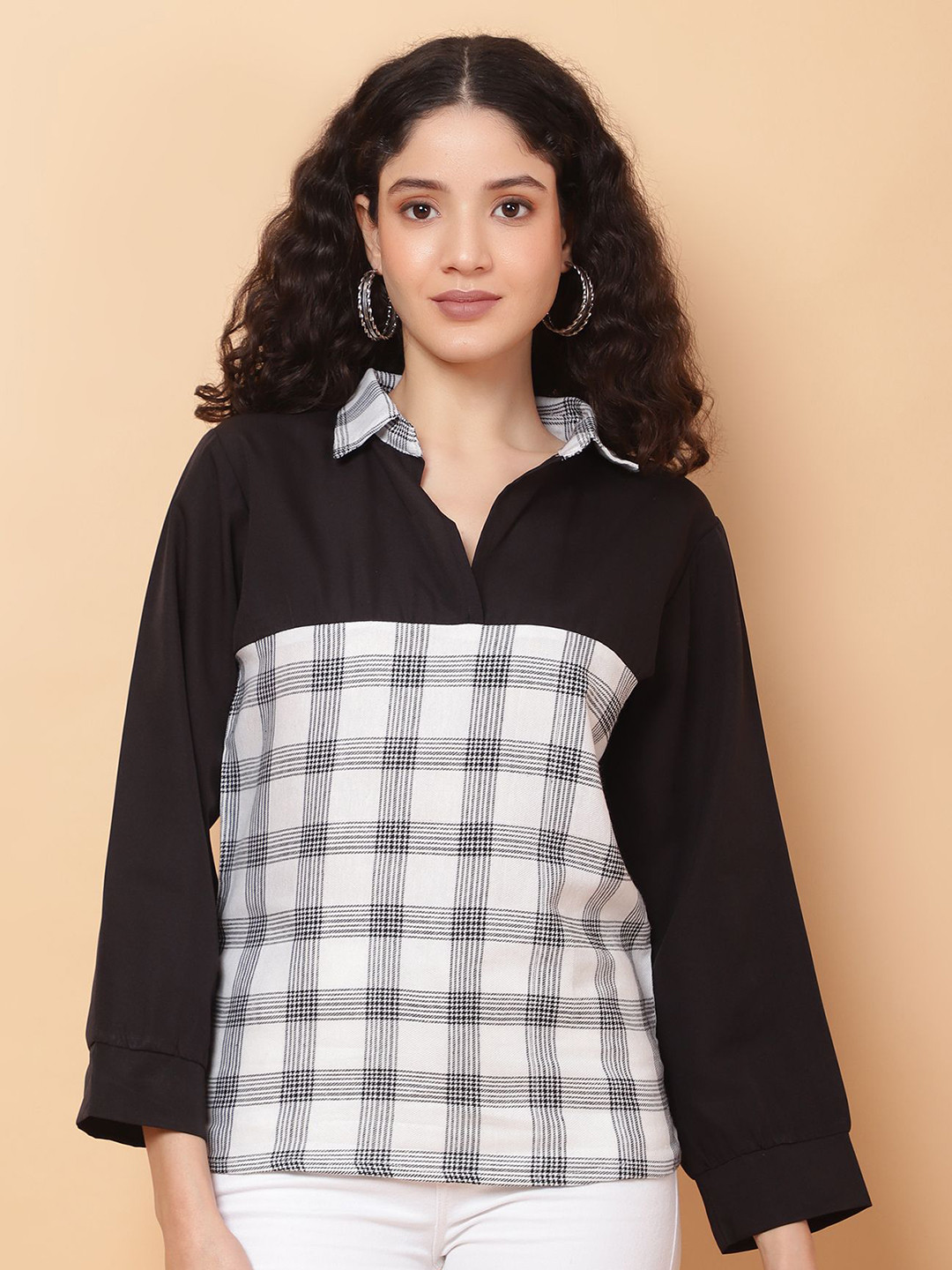 ROSEMELON Women Checked Shirt Collar Shirt Style Top