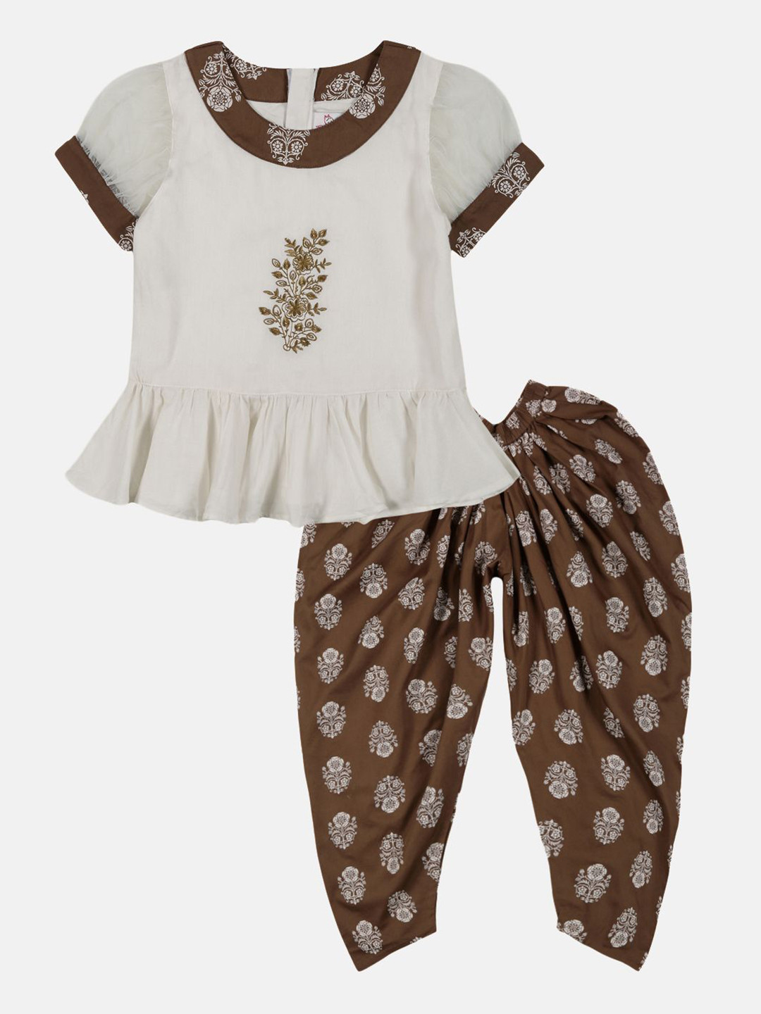 YOUNG BIRDS Girls Embroidered Round Neck Pure Cotton Top With Dhoti Pant
