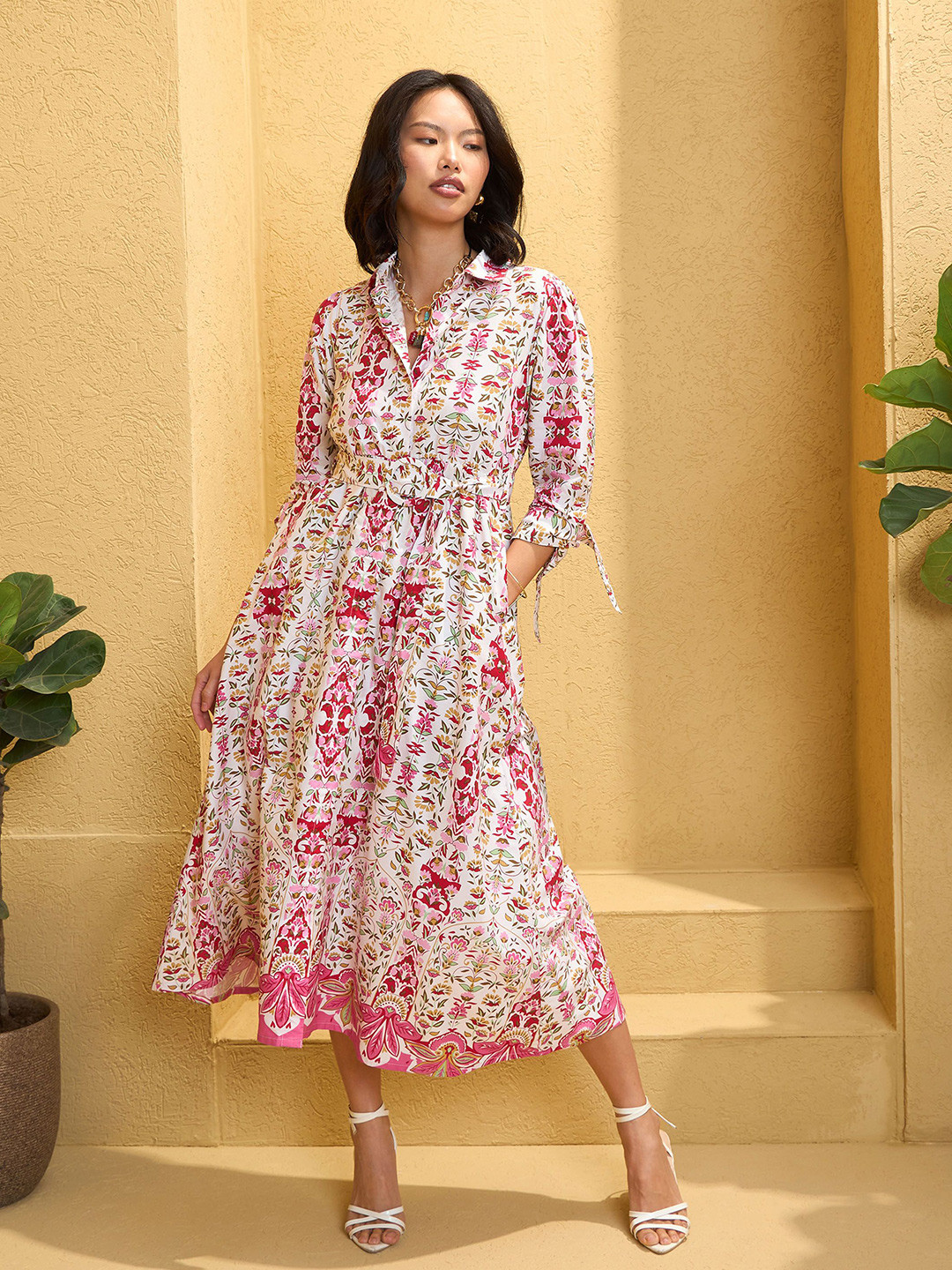 Pink Paprika by SASSAFRAS Women Floral Printed Cotton Fit & Flare Midi Dress
