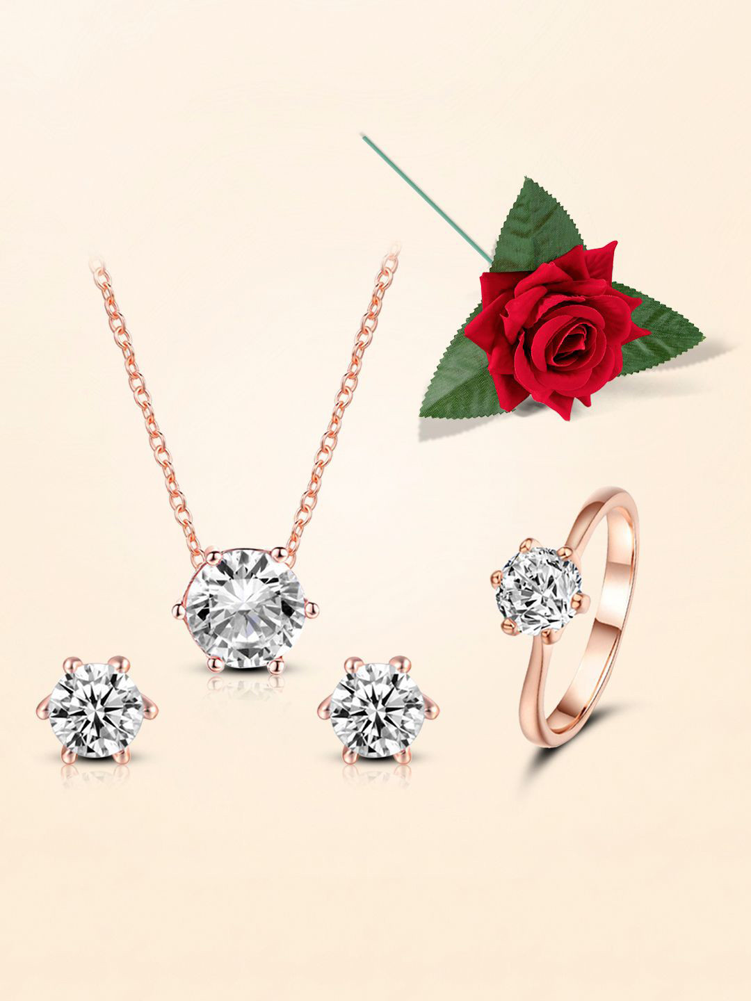 Peora Rose Gold-Plated Cubic Zirconia Studded Jewellery Set With Red Rose Box