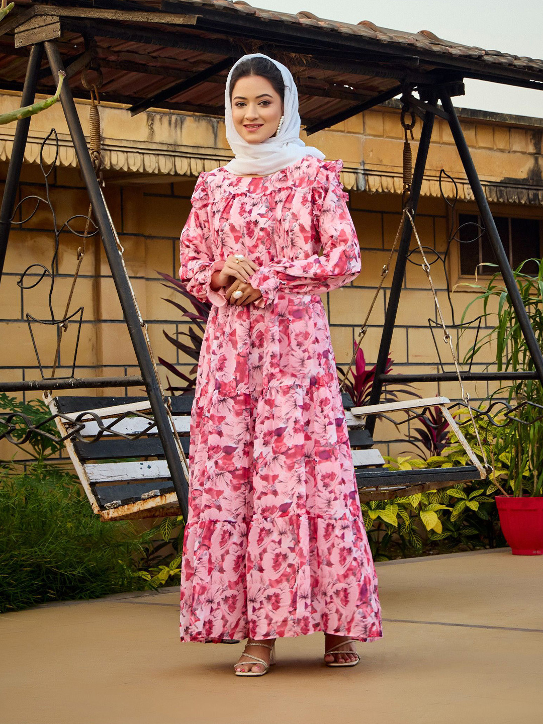 SARINKU Floral Print Bell Sleeves Tiered Georgette Fit & Flare Maxi Dress