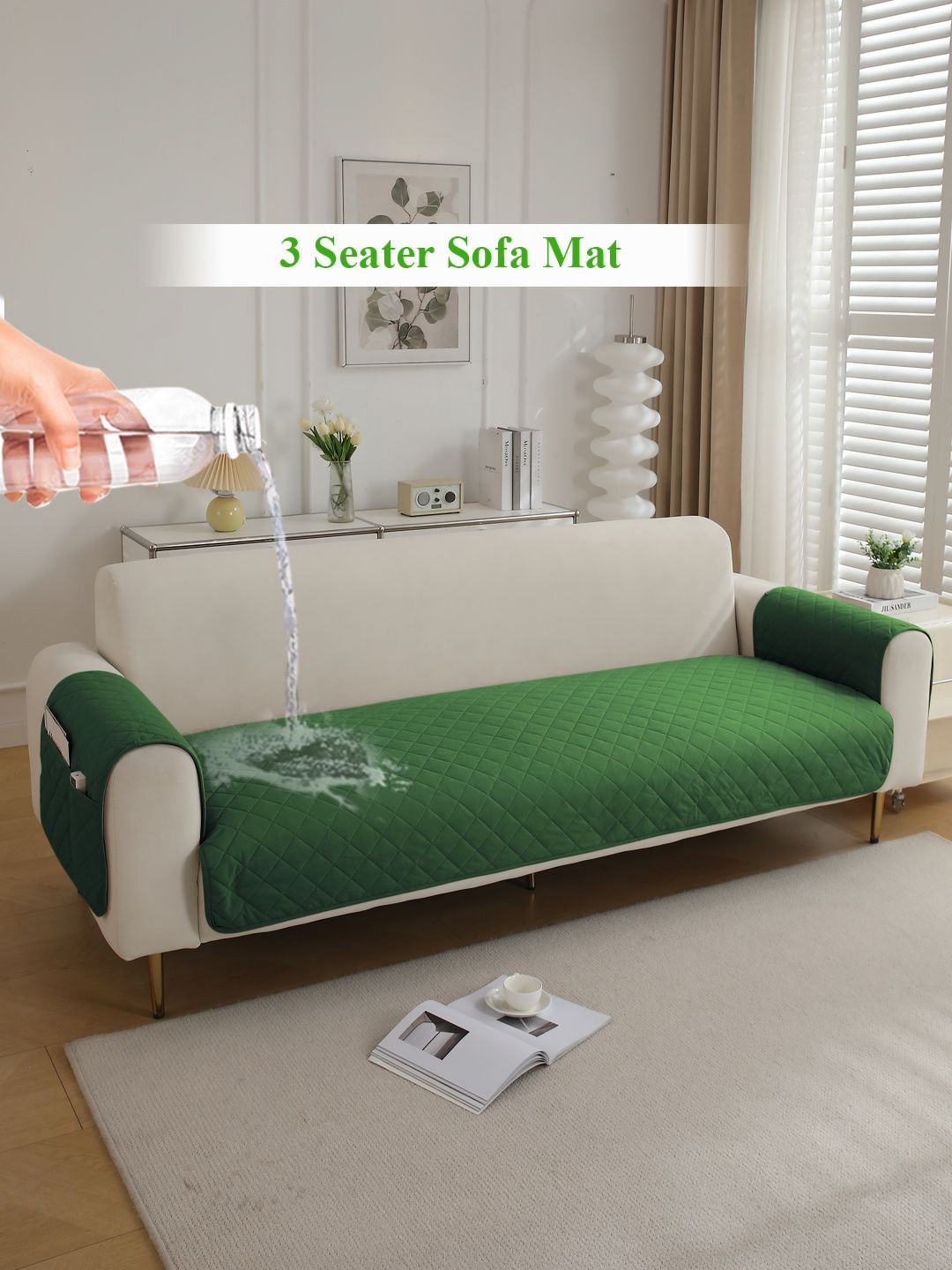 HOKIPO Green 3 Seater Waterproof Sofa Seat Mat & 2 Armrest Covers with Pockets