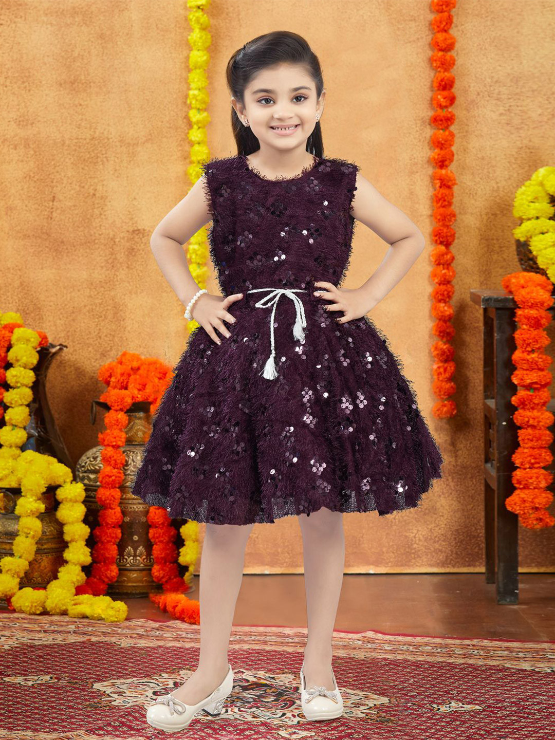 Aarika Girls Embellished Winter Fur Fit & Flare Dress