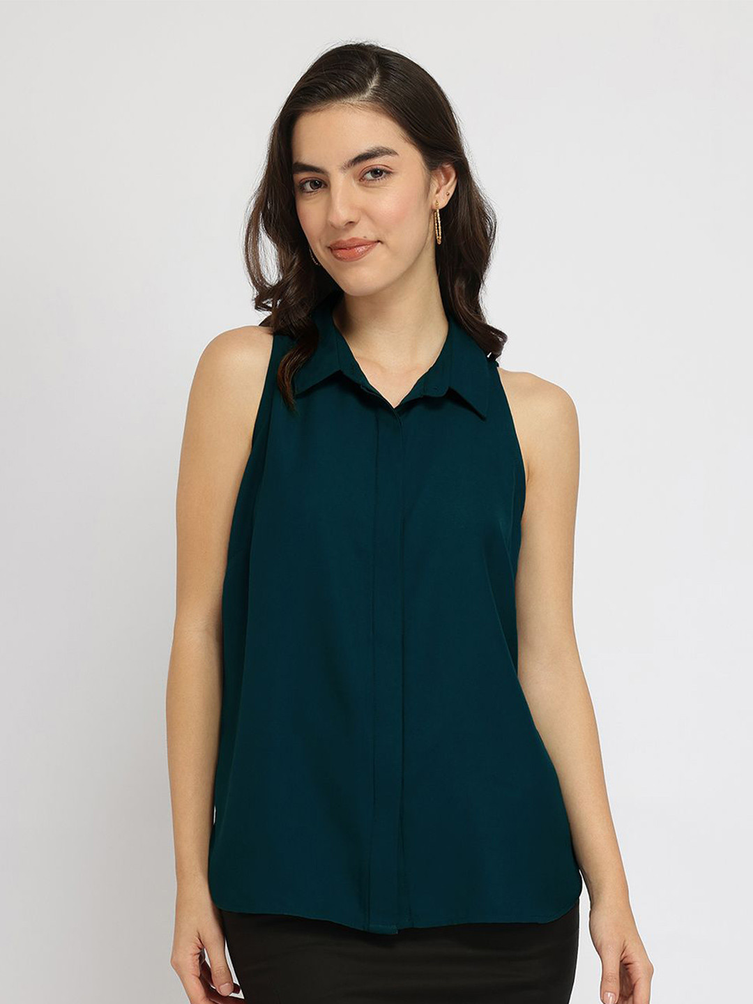 FableStreet Women Shirt Collar Button Down Green Top