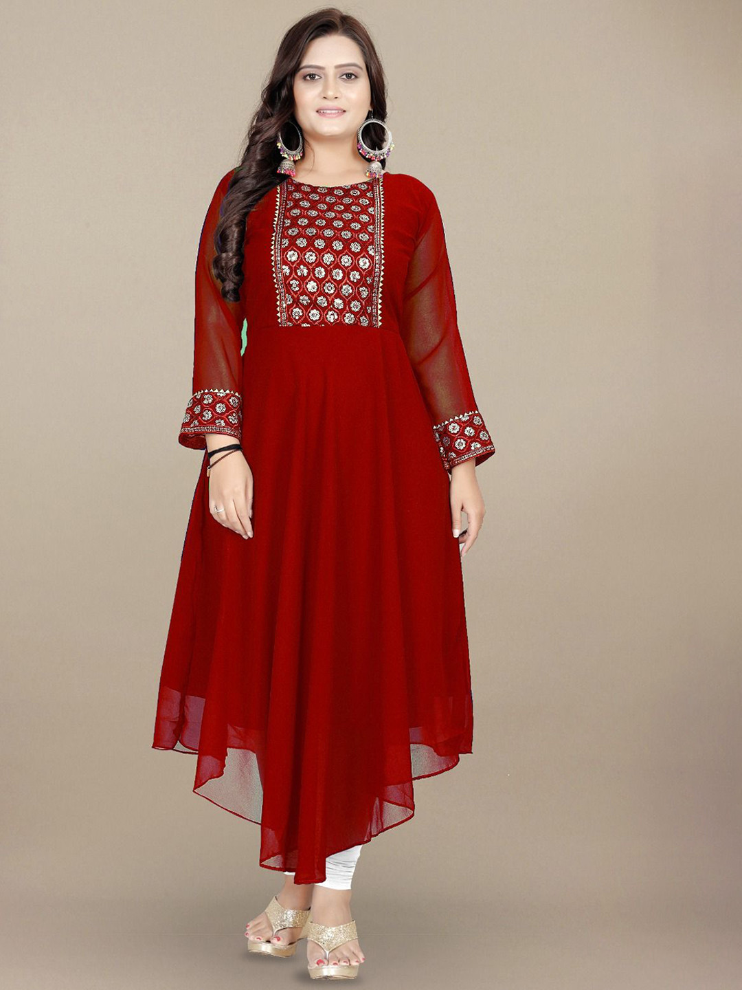 BINDUDI Embroidered Gotta Patti Round Neck Georgette Anarkali Kurta
