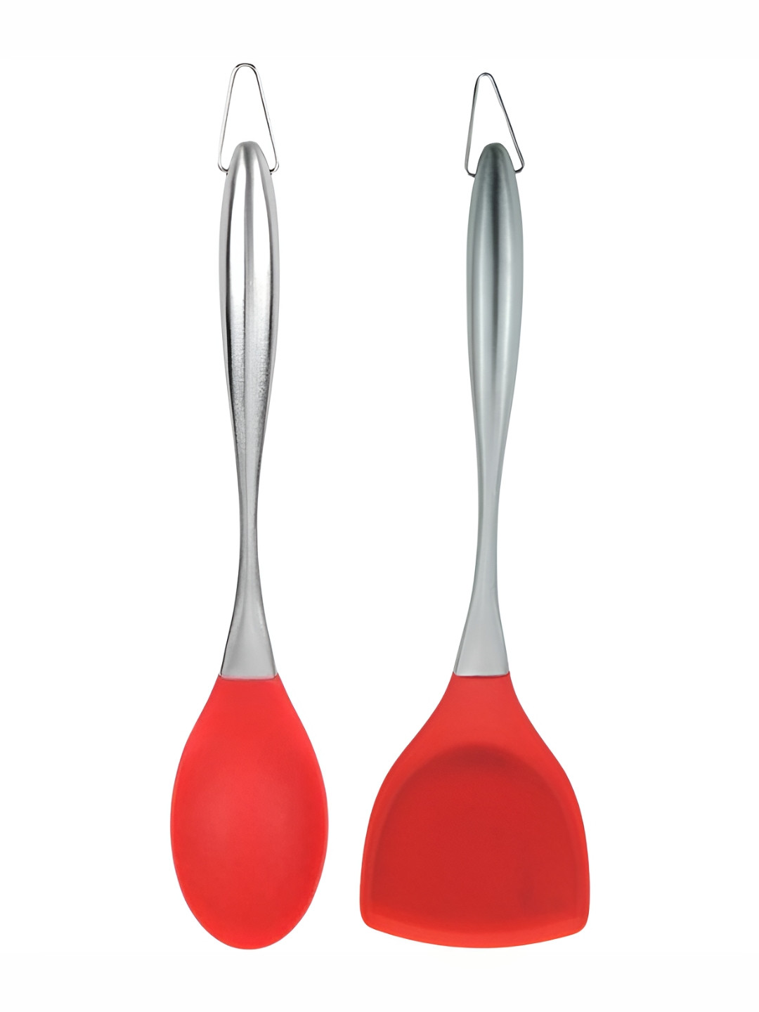 Baskety Steel & Red 2 Pieces Steel Scoop With Plain Slotted Spatula