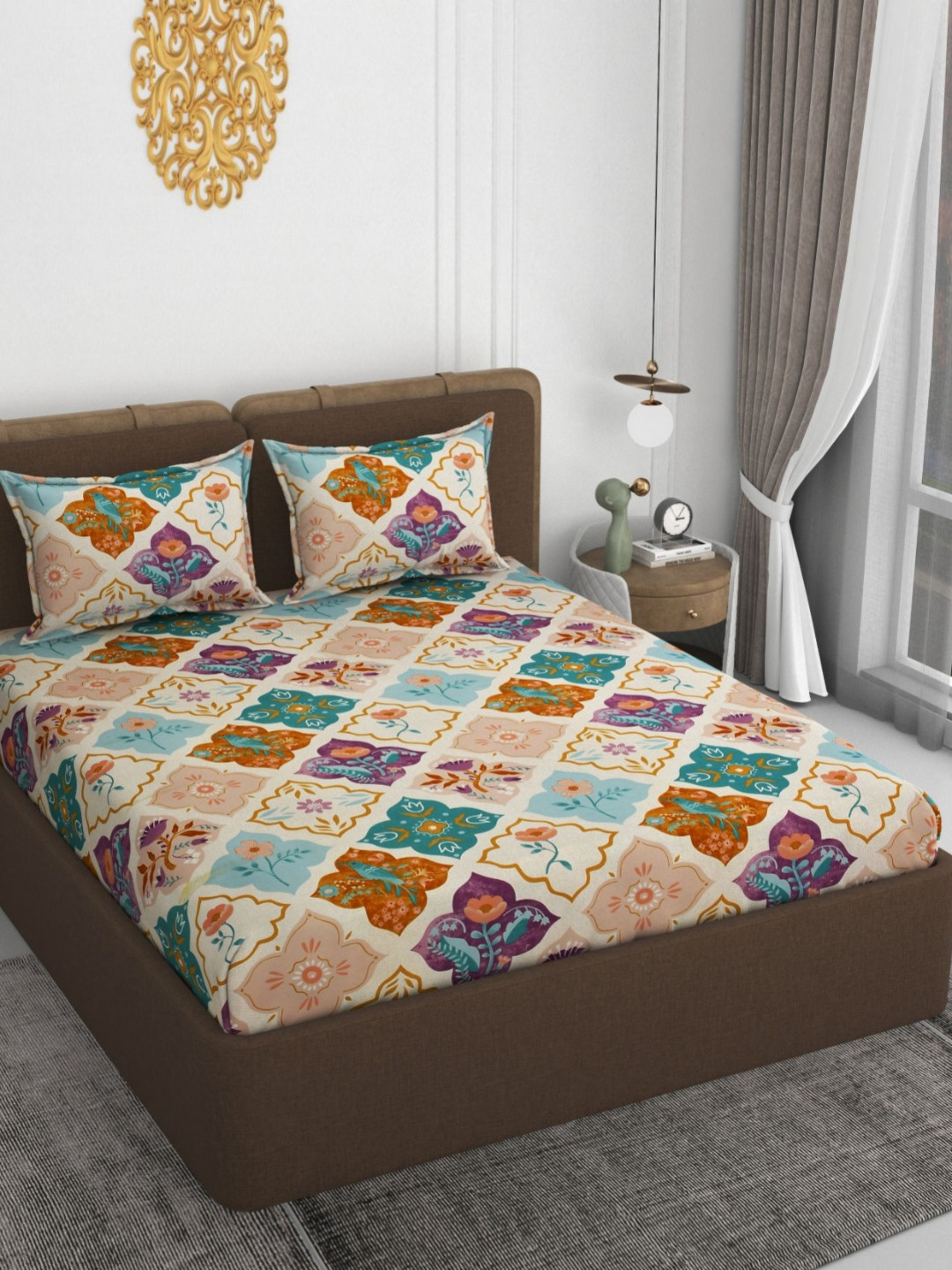 VOMZER Lifestyle Beige Floral Cotton 210 TC Fitted Queen Superfine Bedsheet with 2 Pillow Covers-198 x 153 cm