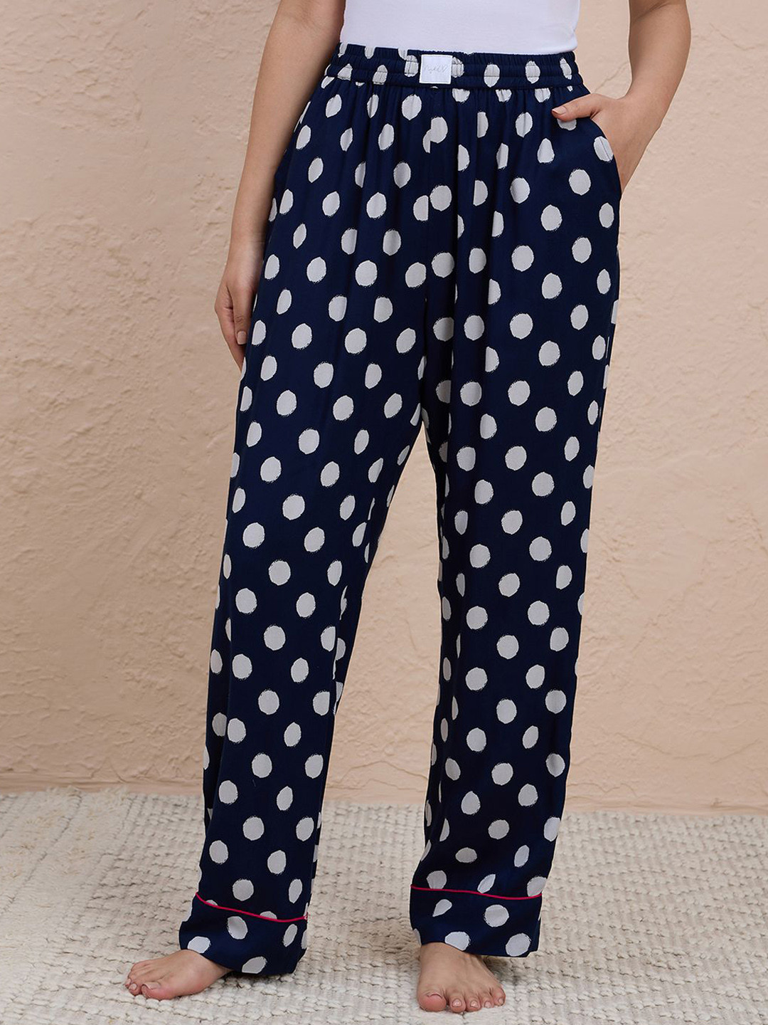 Nykd Polka Dot Printed Breezy Straight Lounge Pants With Elasticated Waist & Pockets