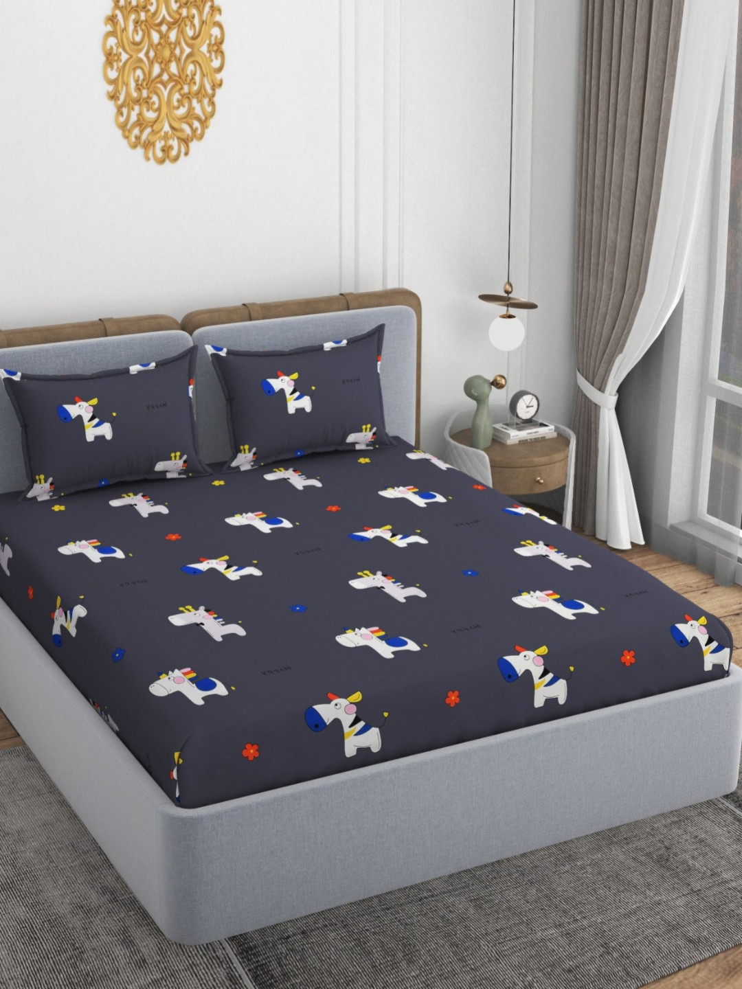 VOMZER Ft-Grey Animal Black Conversational Cotton 210 TC Fitted Queen Fine Bedsheet with 2 Pillow Covers-87 x 93 inches