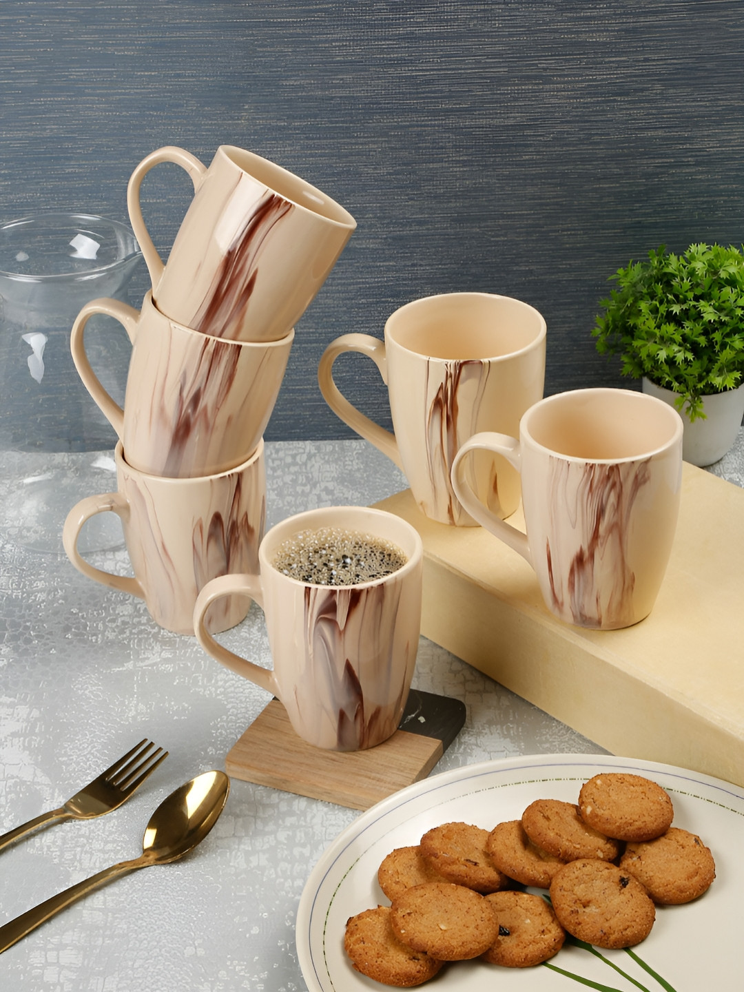 Arrabi Rakshabandhan Gift Cream Marble Ceramic Microwave Safe 6 Piece Mugs-300ml