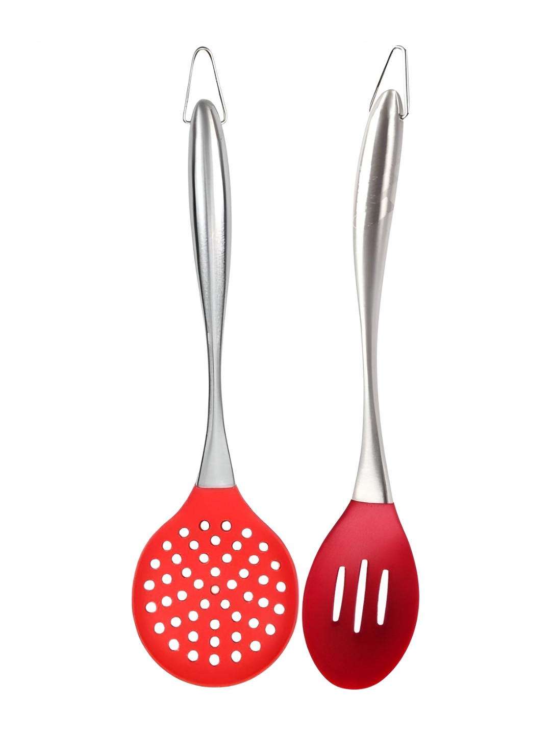 Baskety Steel & Red 2 Pieces Steel Scoop With Plain Slotted Spatula