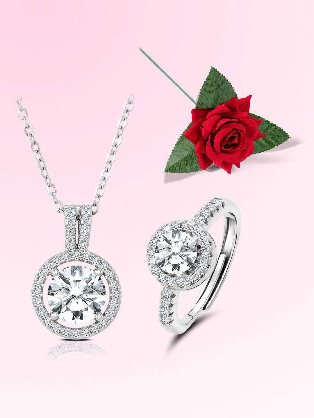 Peora Silver Plated Cubic Zirconia Studded Necklace And Rings