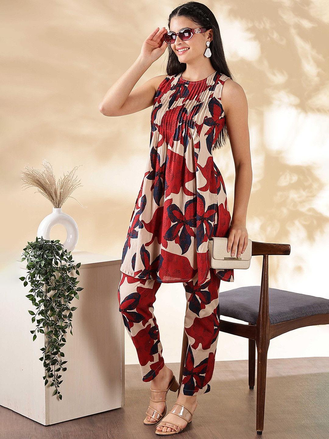 Anouk Beige Geometric Printed Pin Tucks Round Neck Tunic With Trousers