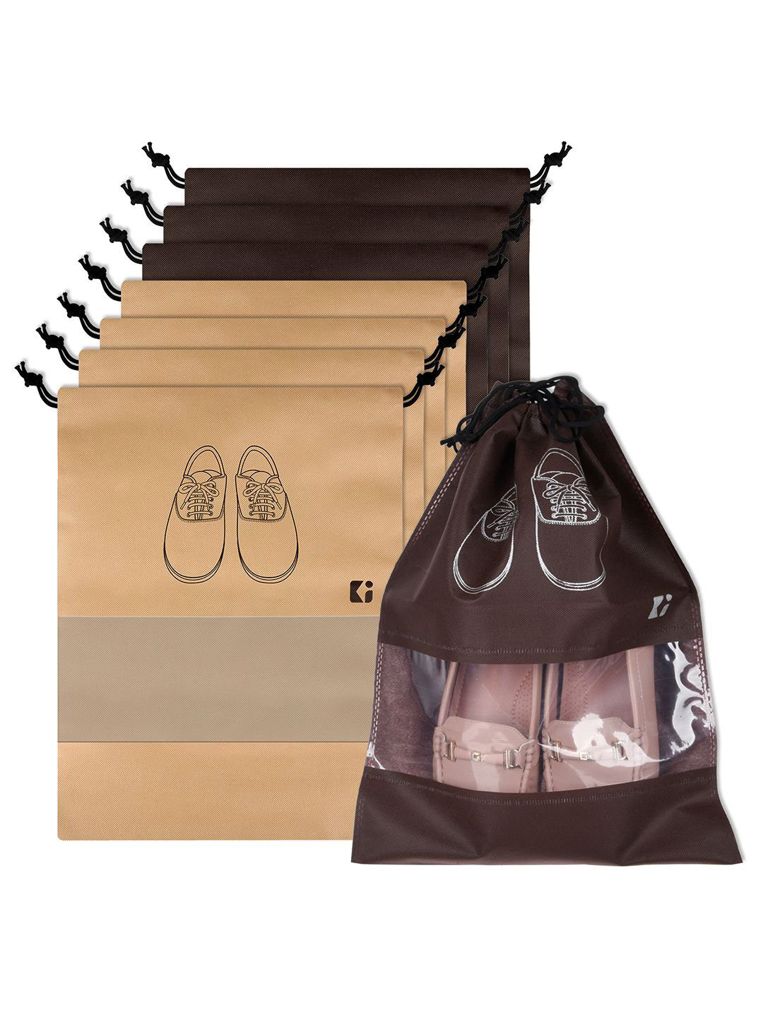 Kuber Industries Beige & Coffee Brown 8 Pieces Printed Travel Shoe Storage Bag Cover