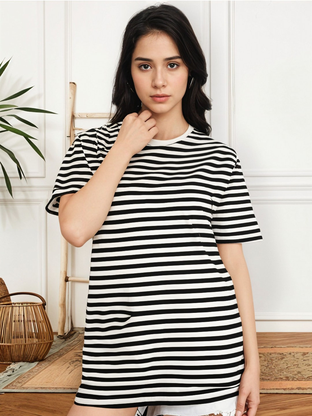 MACK JONNEY Women Striped Round Neck Cotton Oversized T-shirt