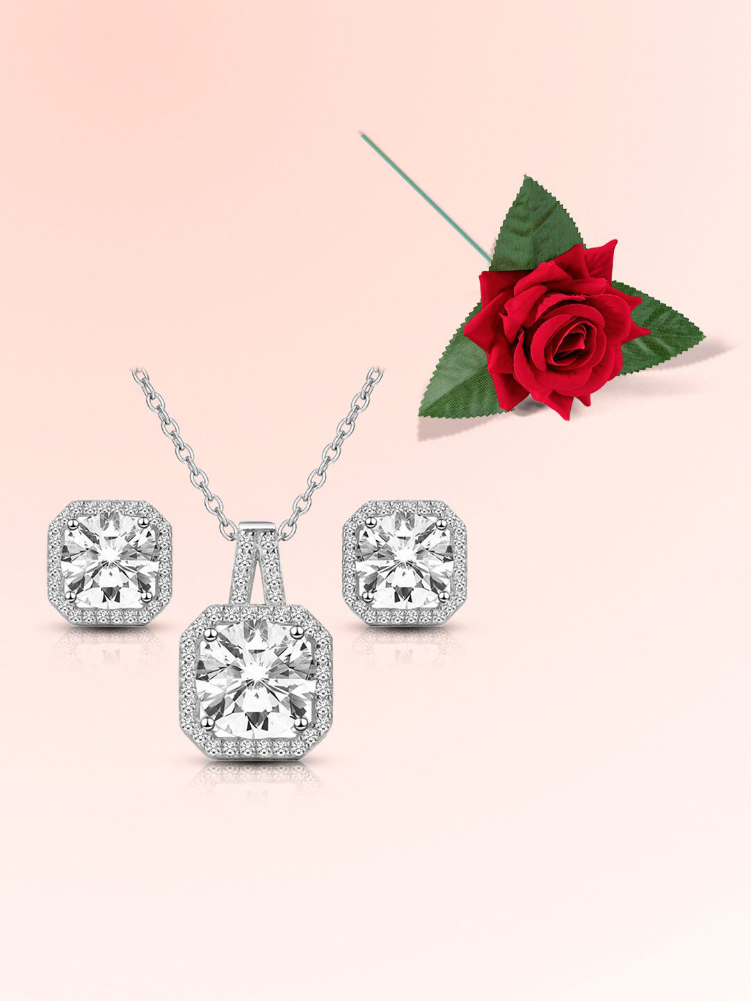 Peora Silver-Plated Crystals Studded Square Shaped Pendant and Earrings With Rose