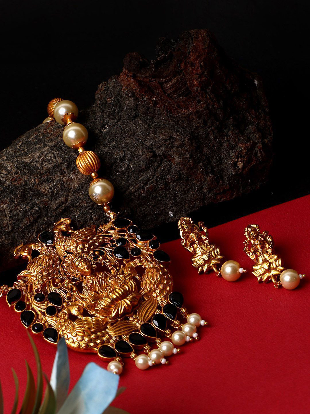 Anouk Gold Plated Goddess Laxmi Black Stone Studded Temple Jewellery set