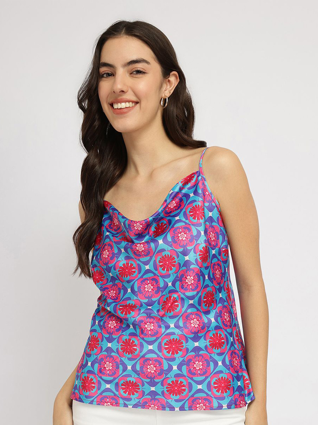FableStreet Geometric Print Cowl Neck Tank Pink Top