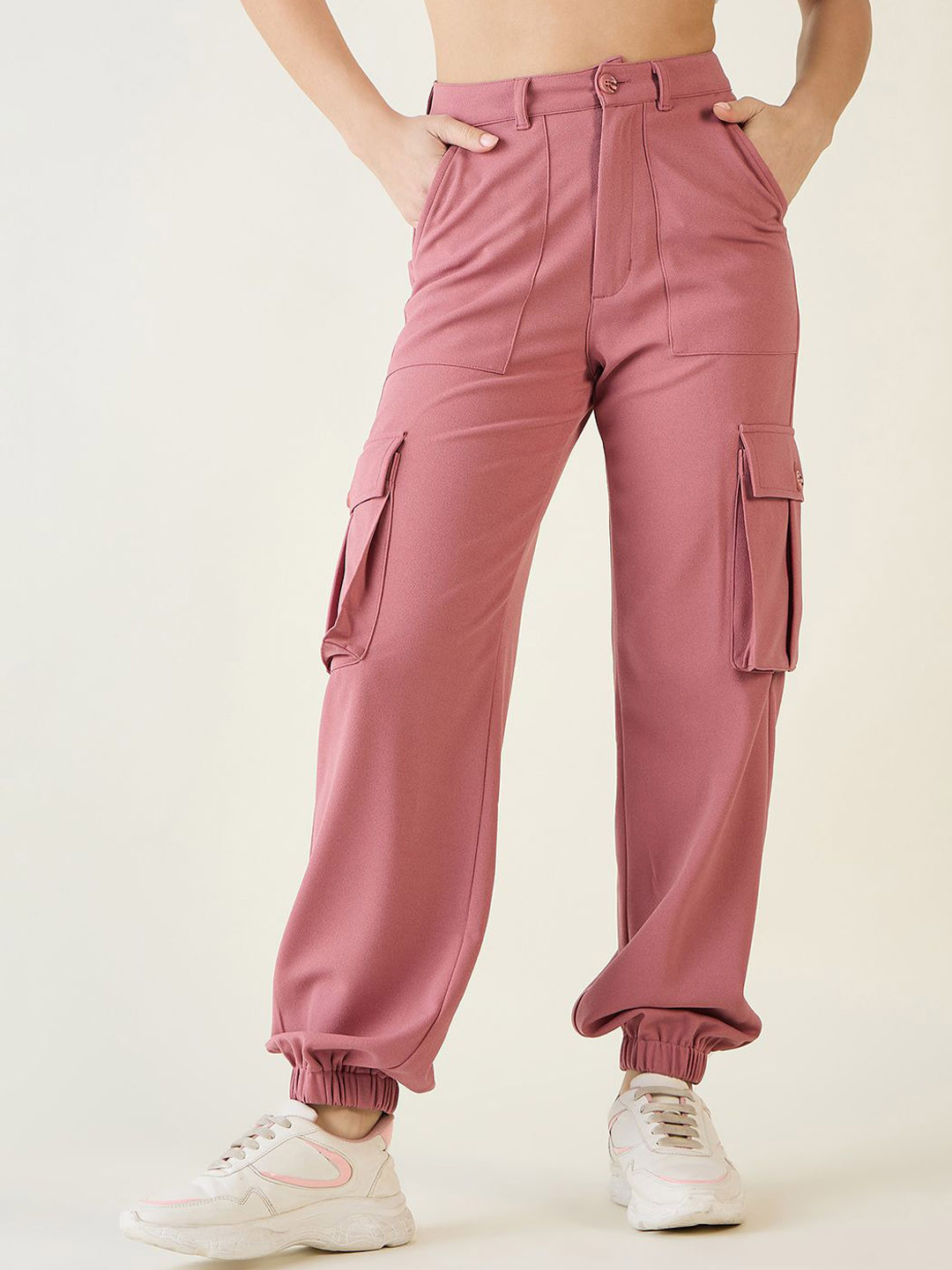 aayu Women Relaxed Loose Fit High-Rise Wrinkle Free Cargo Style Jogger Trousers