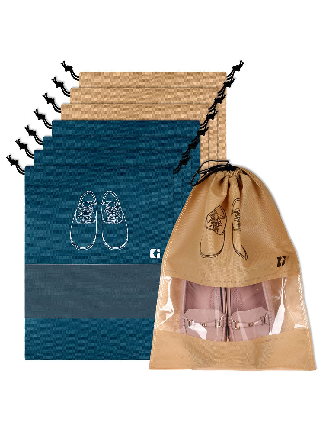 Kuber Industries Blue and Beige 8 Pieces Printed Shoe Cover Bags