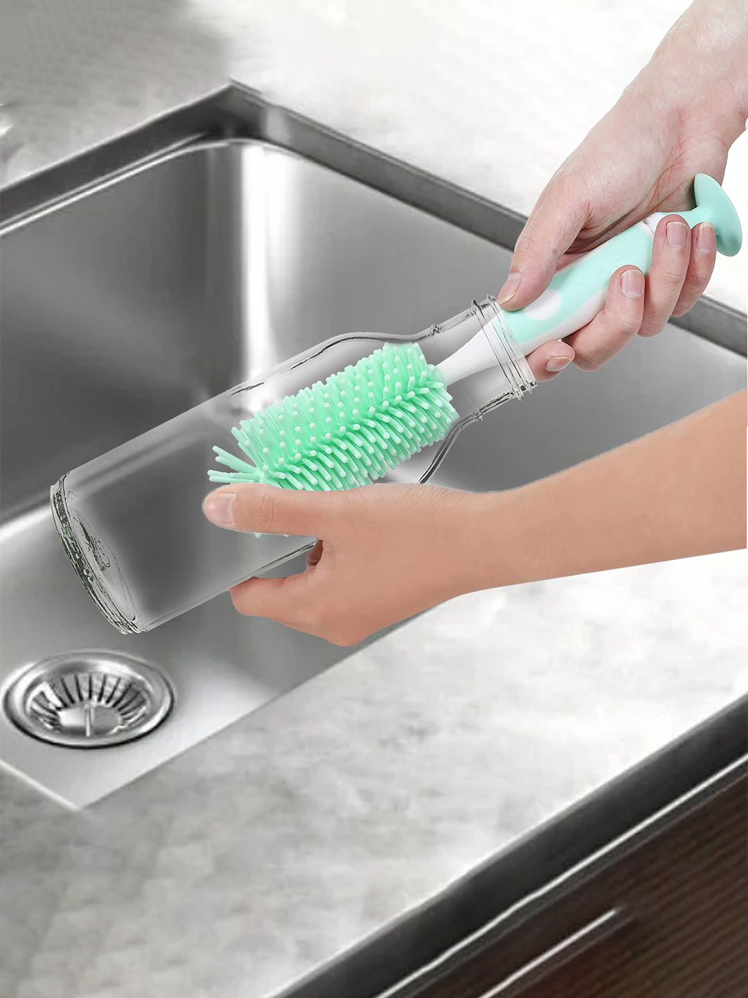 Kuber Industries Green & White Silicone Detachable Bottle Cleaning Brush