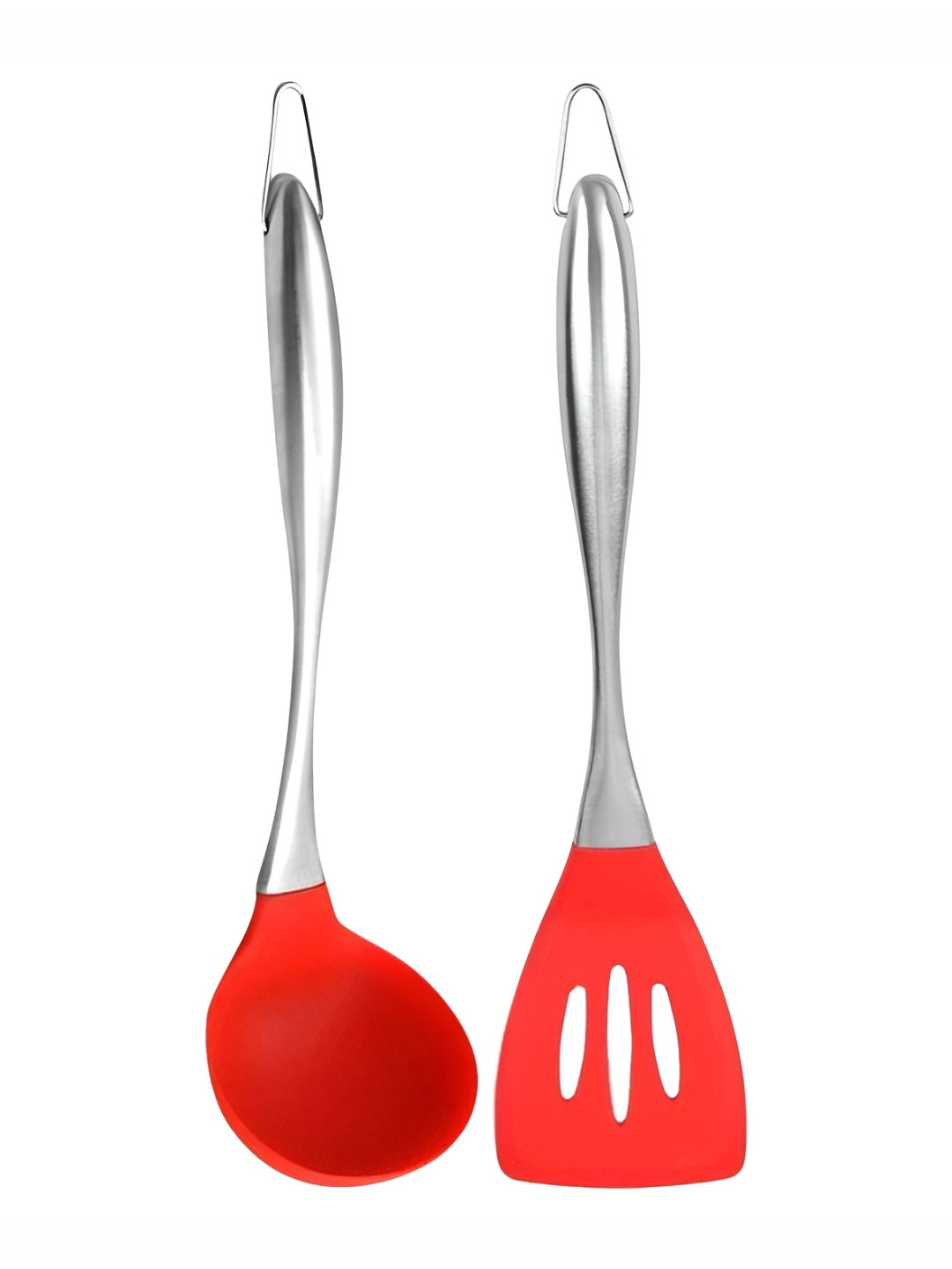 Baskety Red & Silver Toned 2 Pieces Steel Slotted Spatula With Ladle Scoop