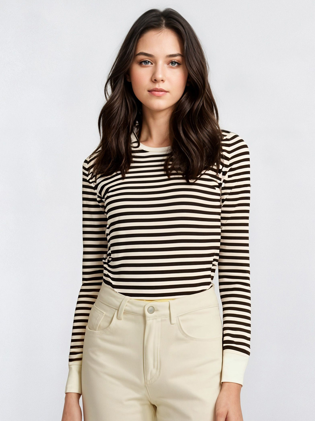 MACK JONNEY Women Striped Round Neck Cotton T-shirt