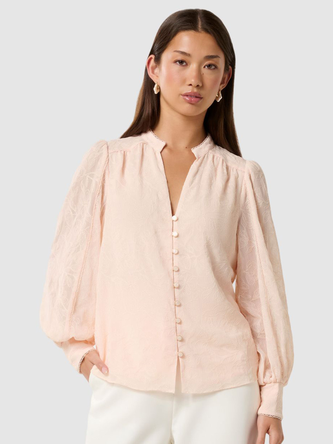 Forever New Women Floral Printed Mandarin Collar Shirt Style Top