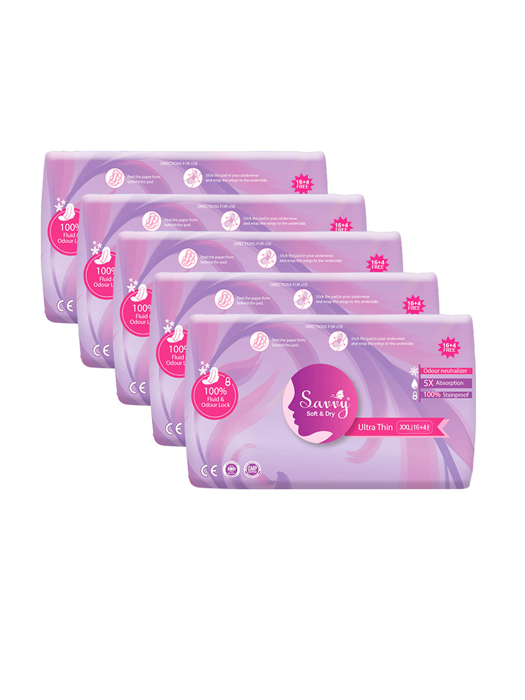 Savvy Set Of 5 Ultra Thin Ultimate Protection Cotton Sanitary Napkins XXL - 20 Pads Each