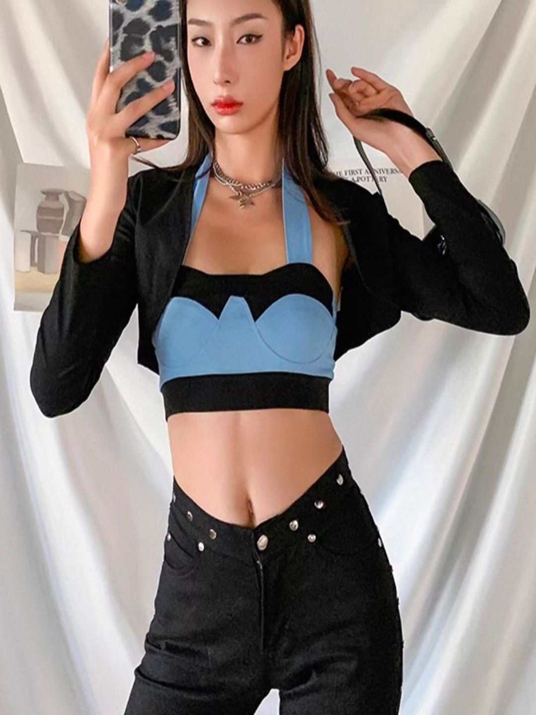 MADE FOR HER LABEL Carla Contrasting Halter Neck Top With Shrug Set