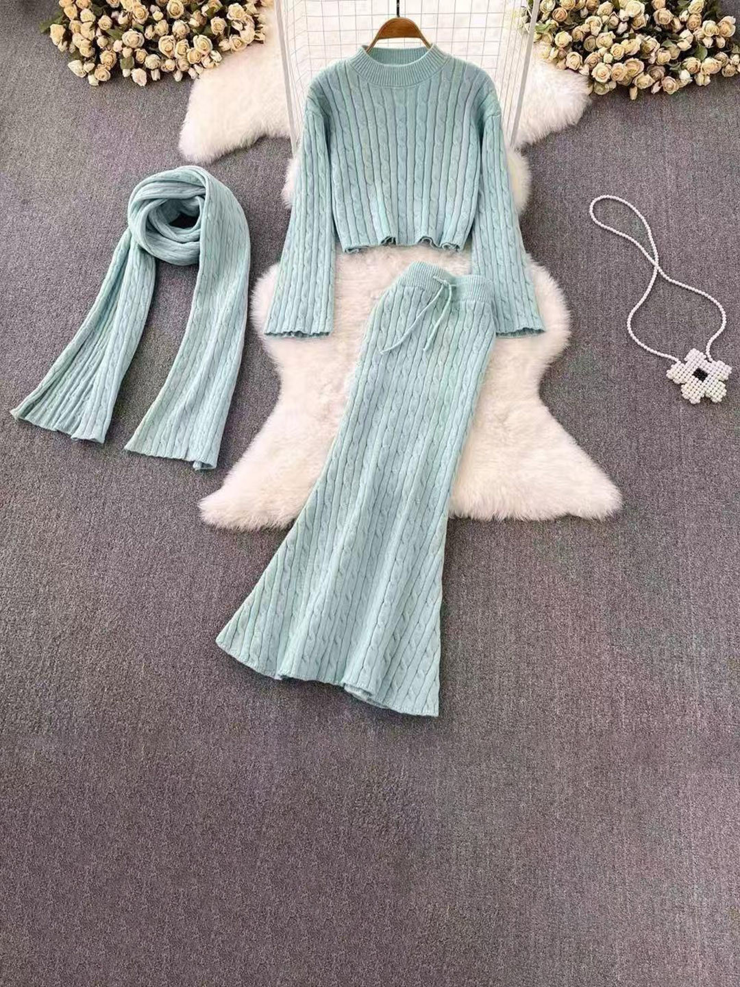 Miss Mosa By Akanksha  Turquoise Blue Sal Luxe Winter Pure Wool Co-Ord Set With Scarf