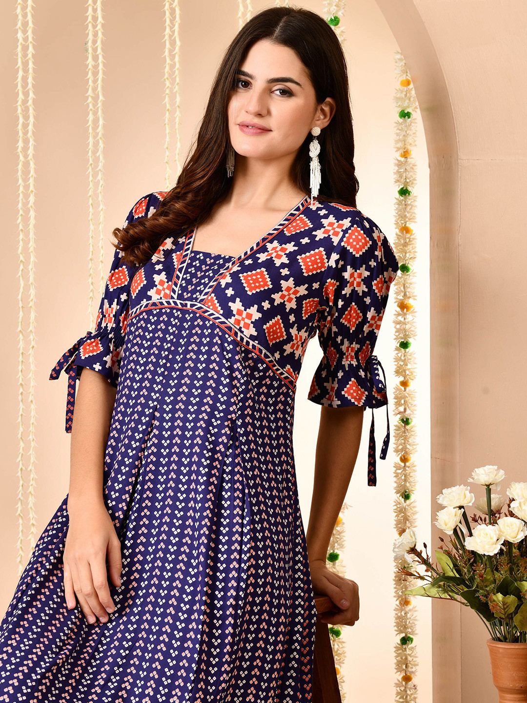 CRENOL THREADS Women Geometric Printed Square Neck Bell Sleeves Cotton Empire Dress