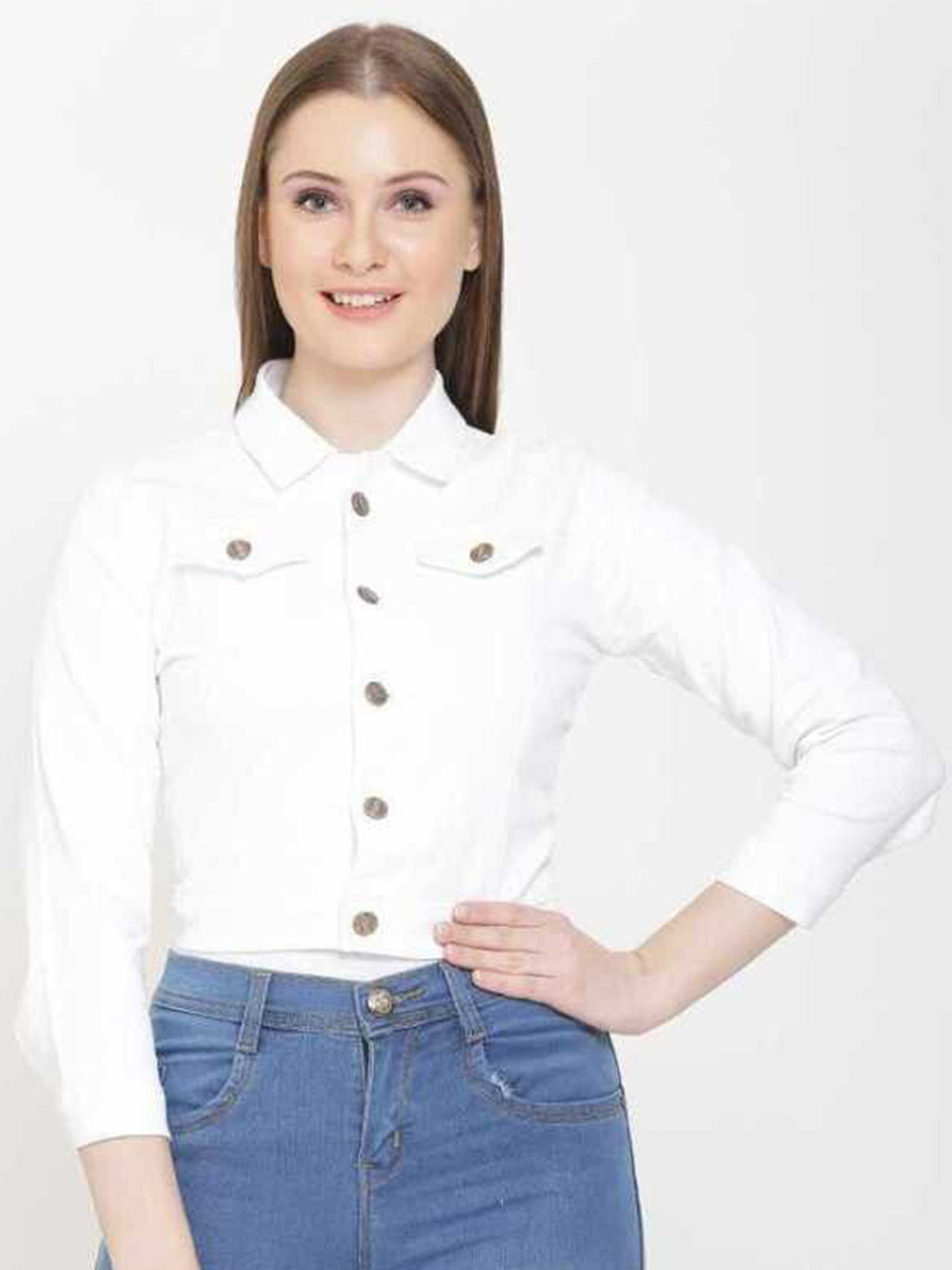 KASHIAN Women Spread Collar Solid Casual Denim Jacket