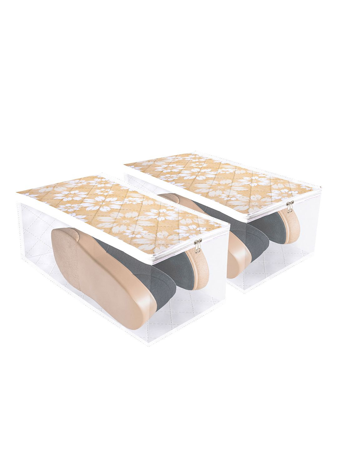 Kuber Industries Gold-Toned and White 2 Pieces Flower Quilted Shoe Covers