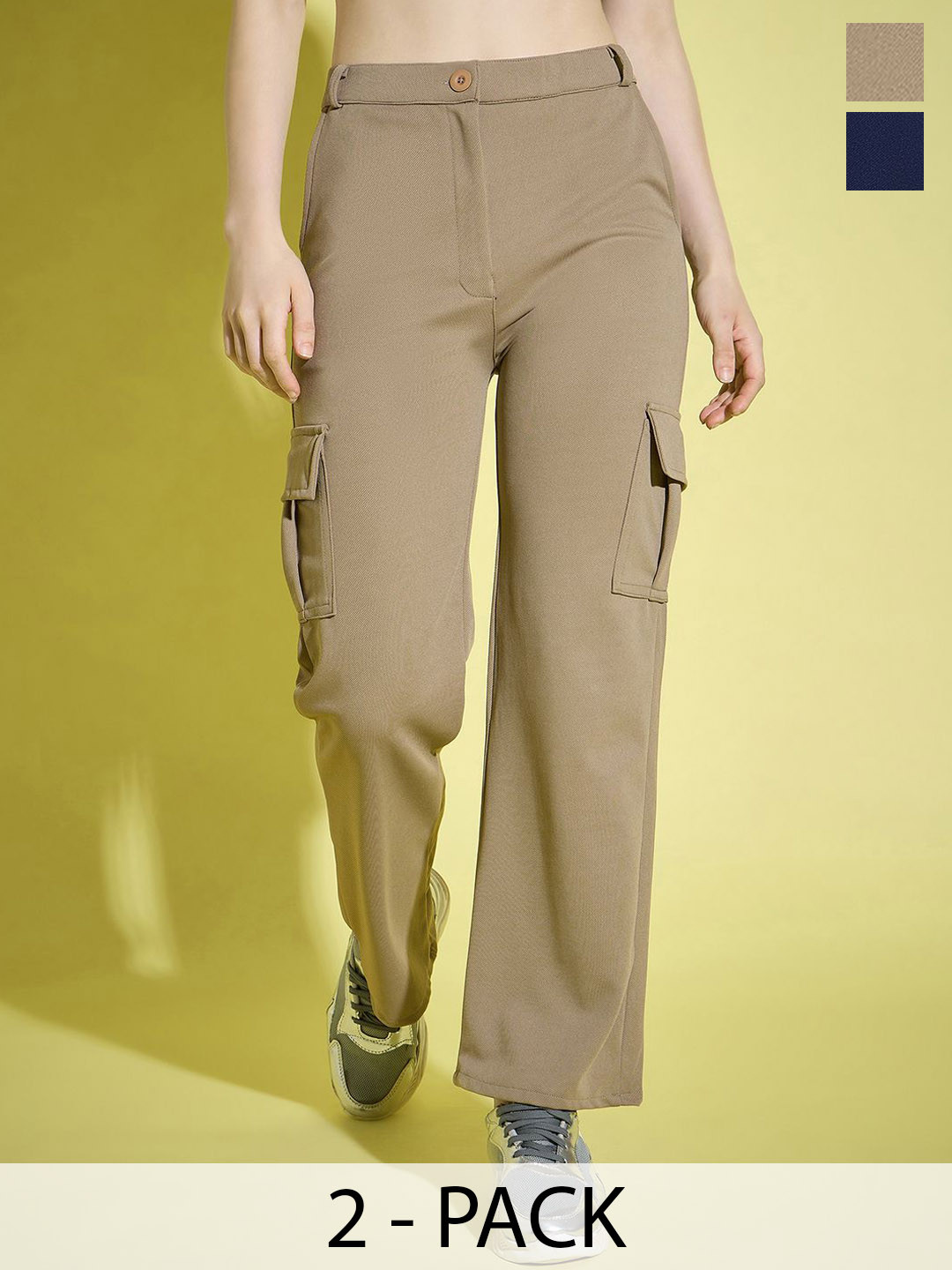 BUY NEW TREND Women Pack Of 2 Relaxed High-Rise Flat-Front Cargo Trousers