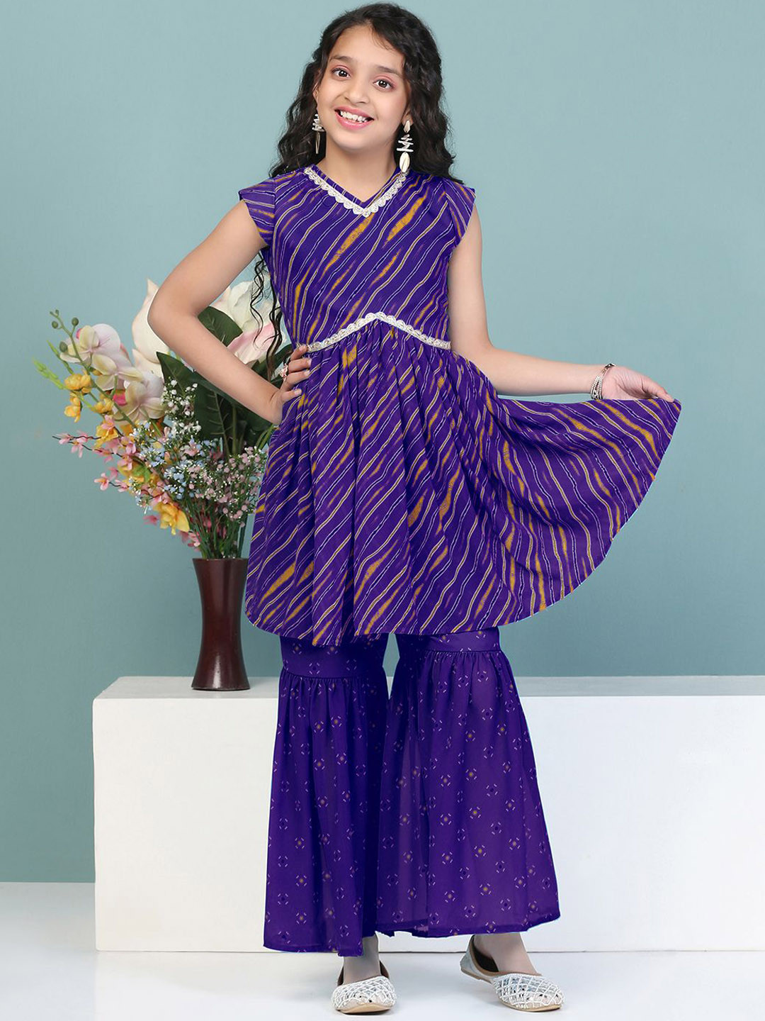 Sangria Girls Leheriya Printed Peplum Kurta & Sharara
