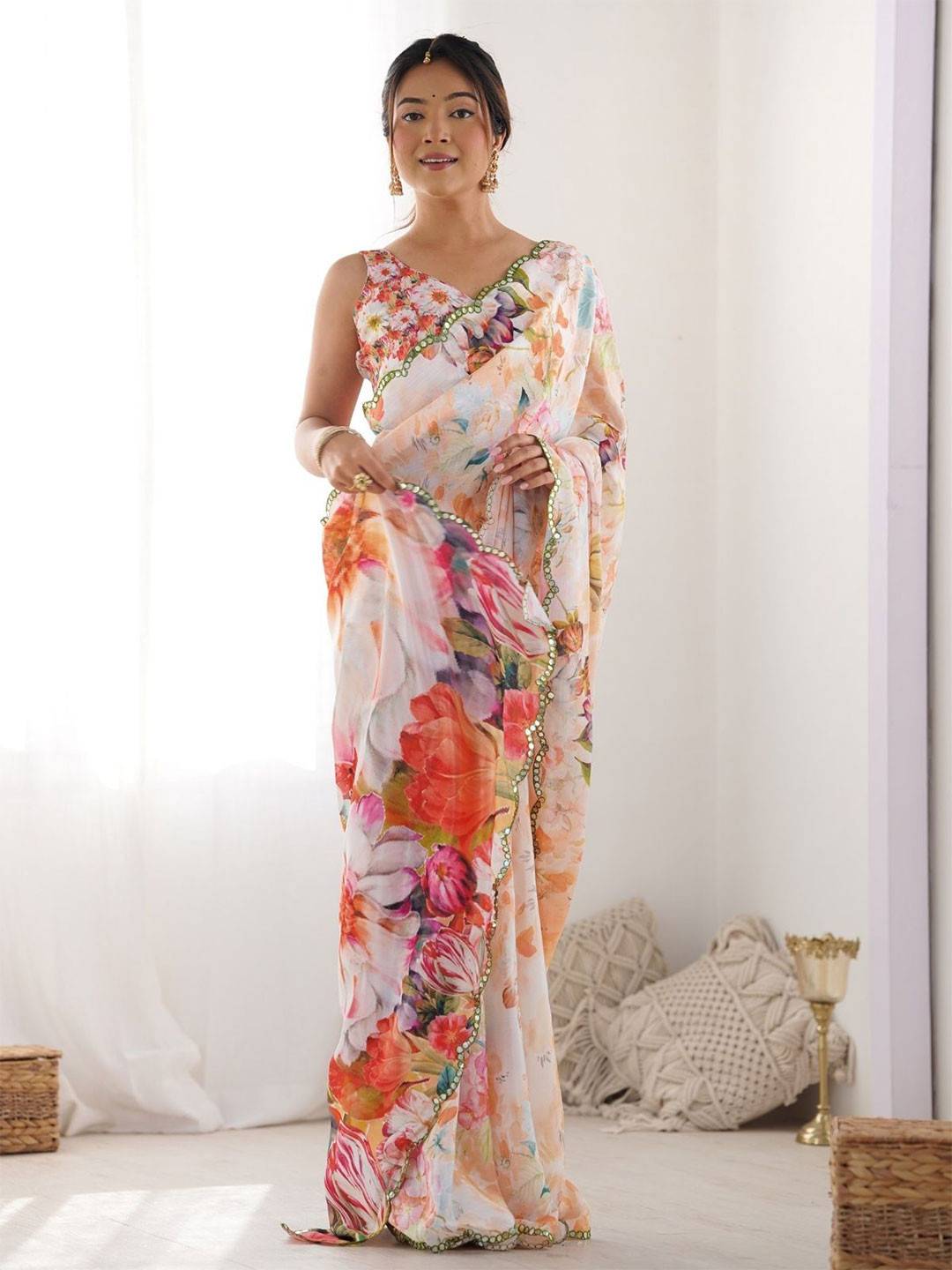 ODETTE Multicolor Chinon Printed Chiffon Saree With Unstitched Blouse For Women
