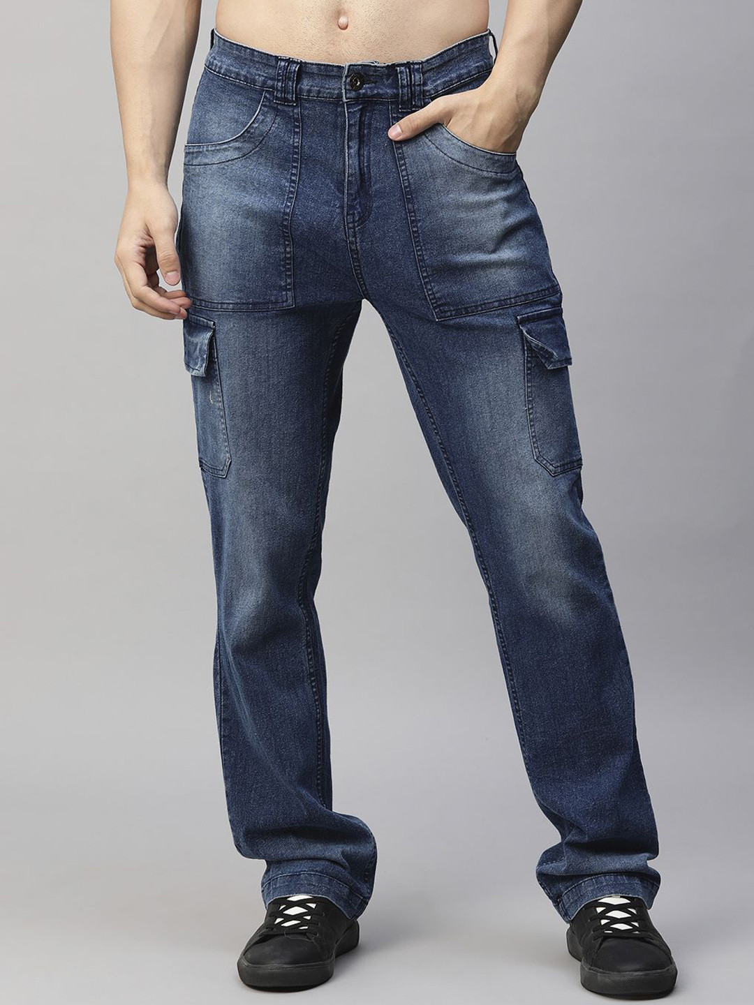 PRONK Men Cotton Light Fade Cargo Jeans