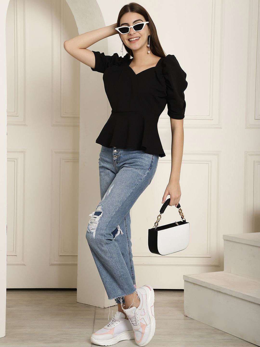 Tromko Women Solid Sweetheart Neck Peplum Top