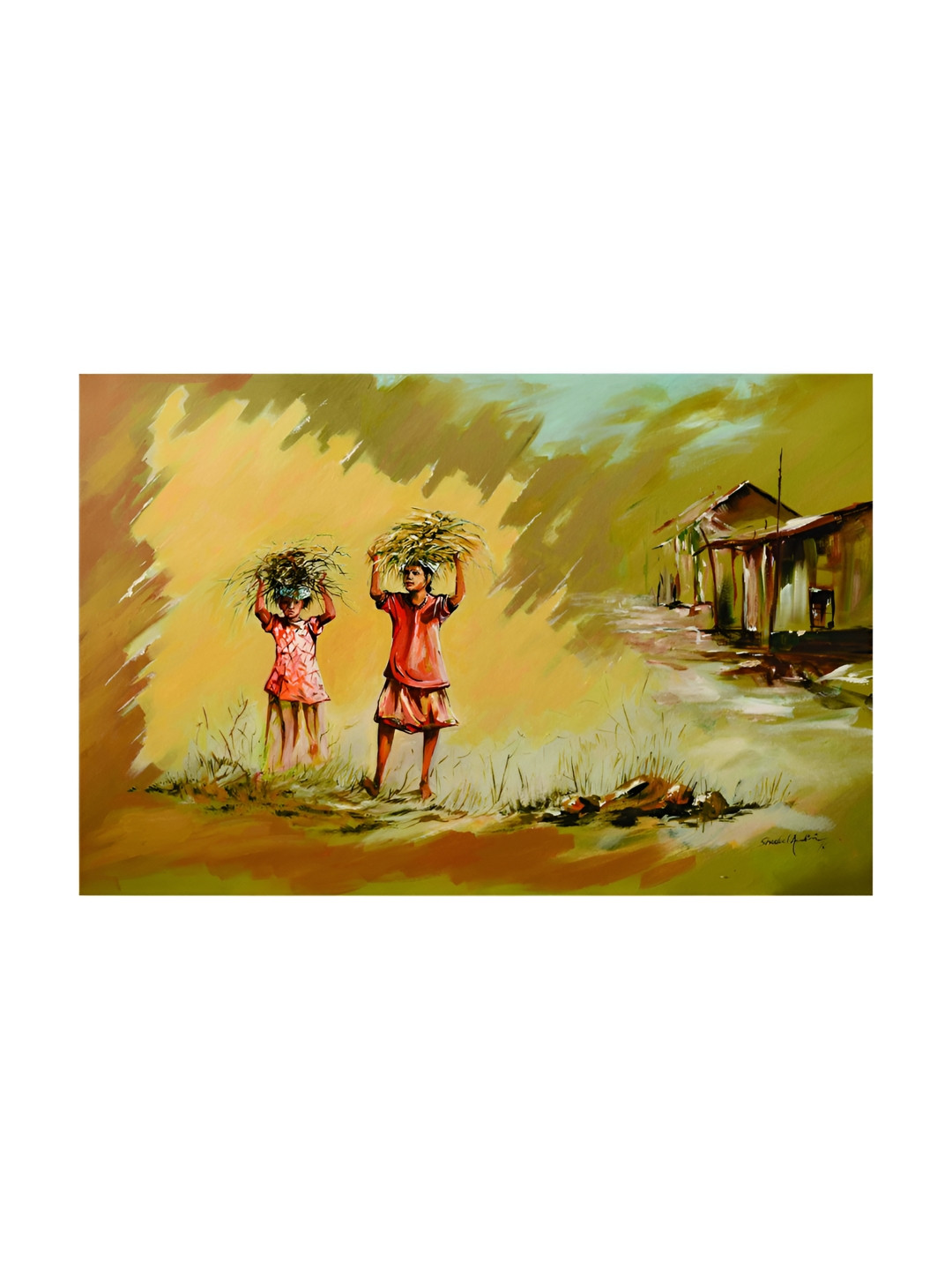 Inephos Brown & Green Printed Canvas Indian Village Tribal Wall Art