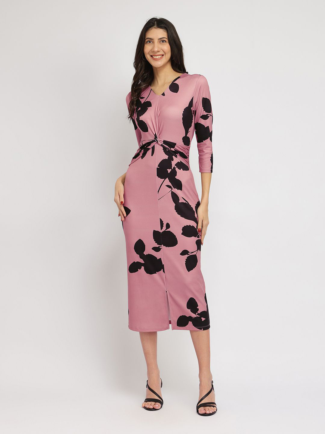 FableStreet Stretchable Floral Midi Women Dress - Pink