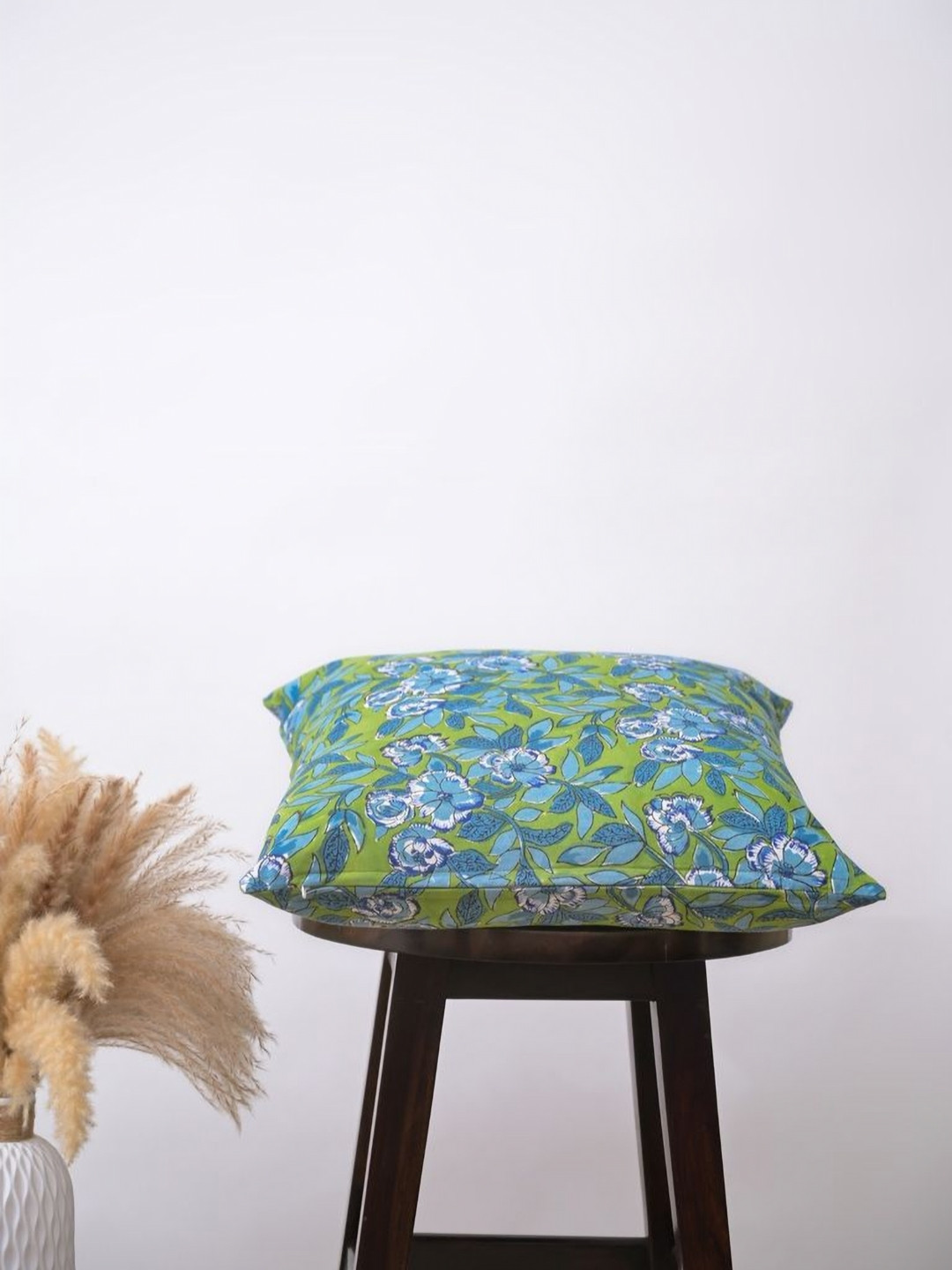 Block N Style Varaha Green & Blue Floral Printed Cotton Square Cushion Cover