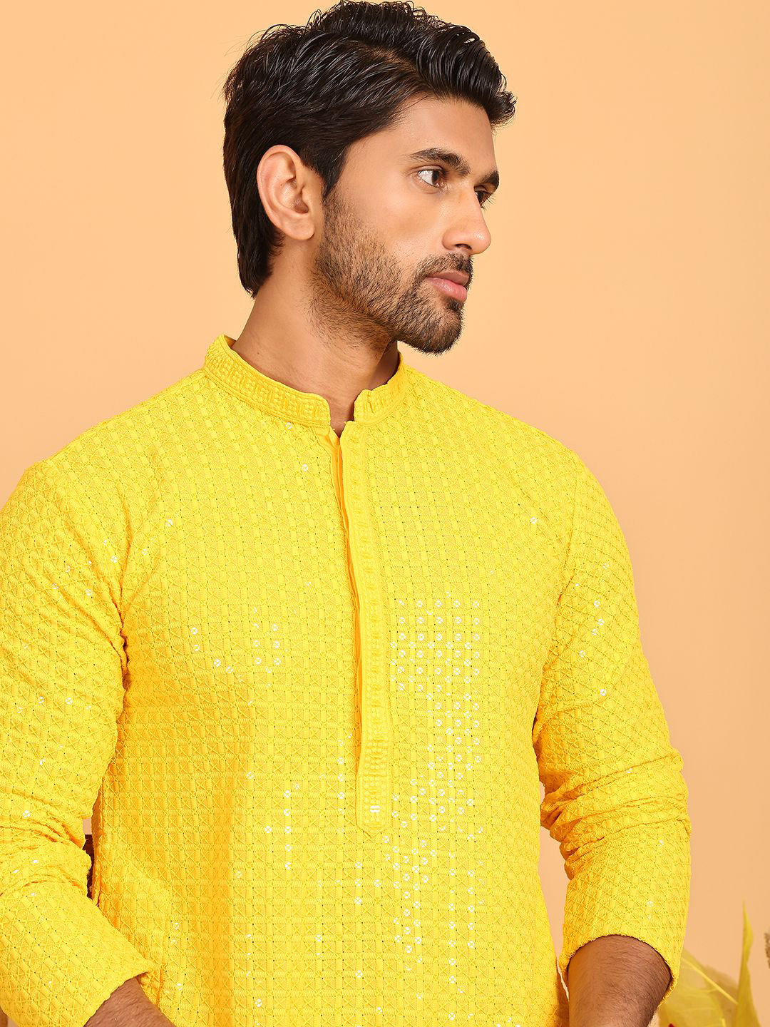 Jompers Geometric Sequined Embellished Mandarin Straight Kurta