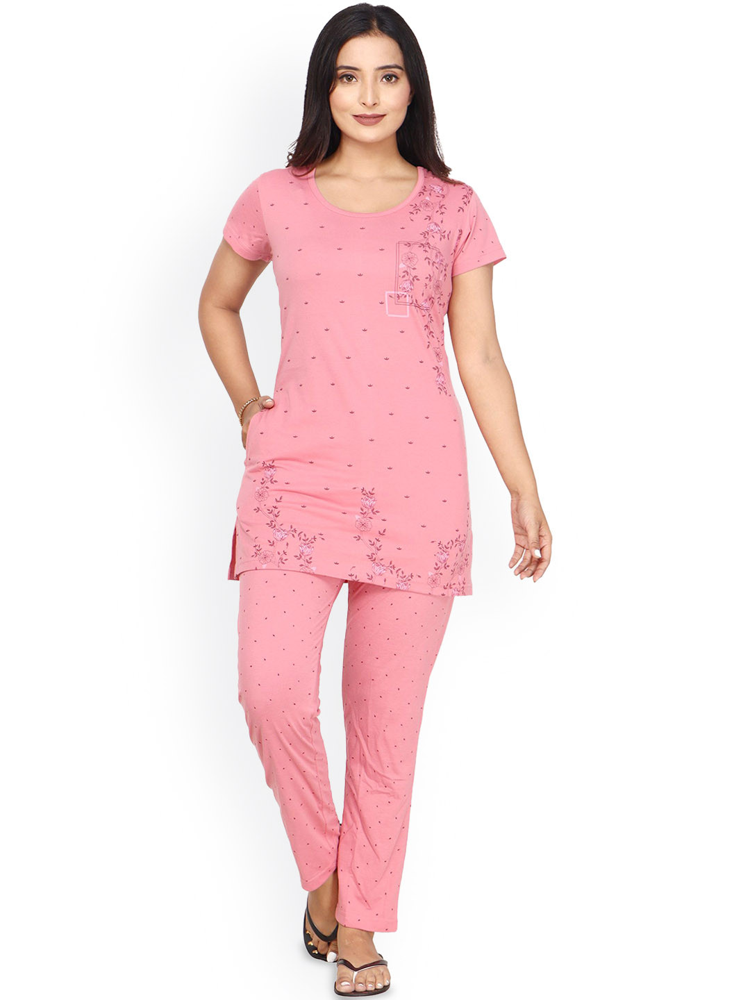 CLINT Printed Round Neck Top With Trouser Night Suit