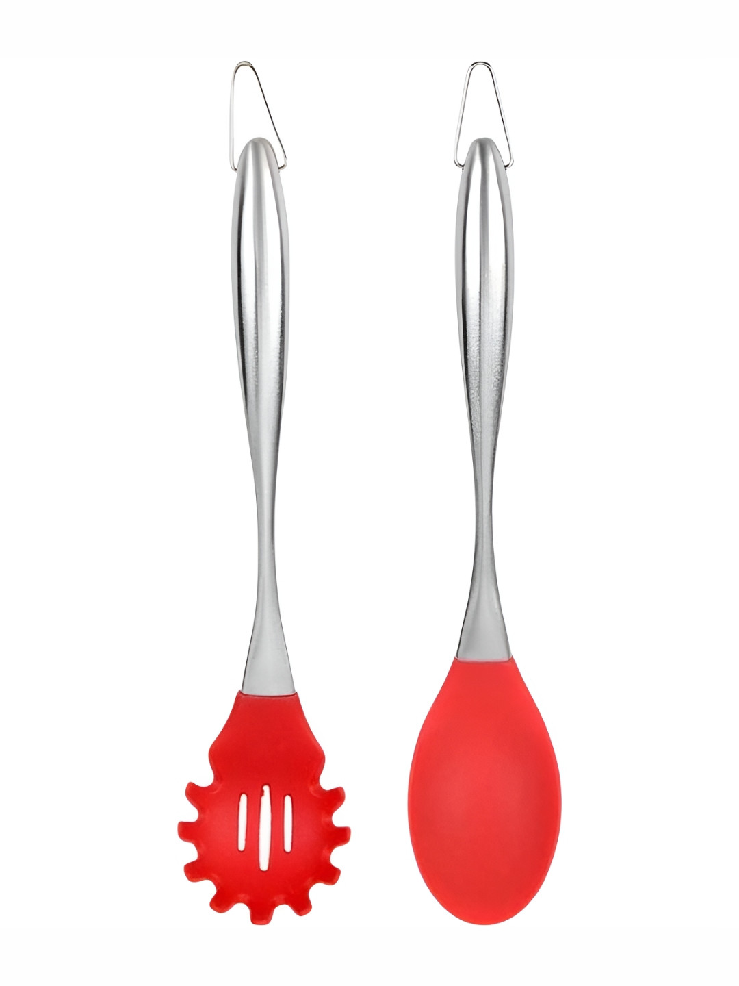Baskety Red & Grey 2 Pieces Steel Pasta Server Spoon With Serving Spoon