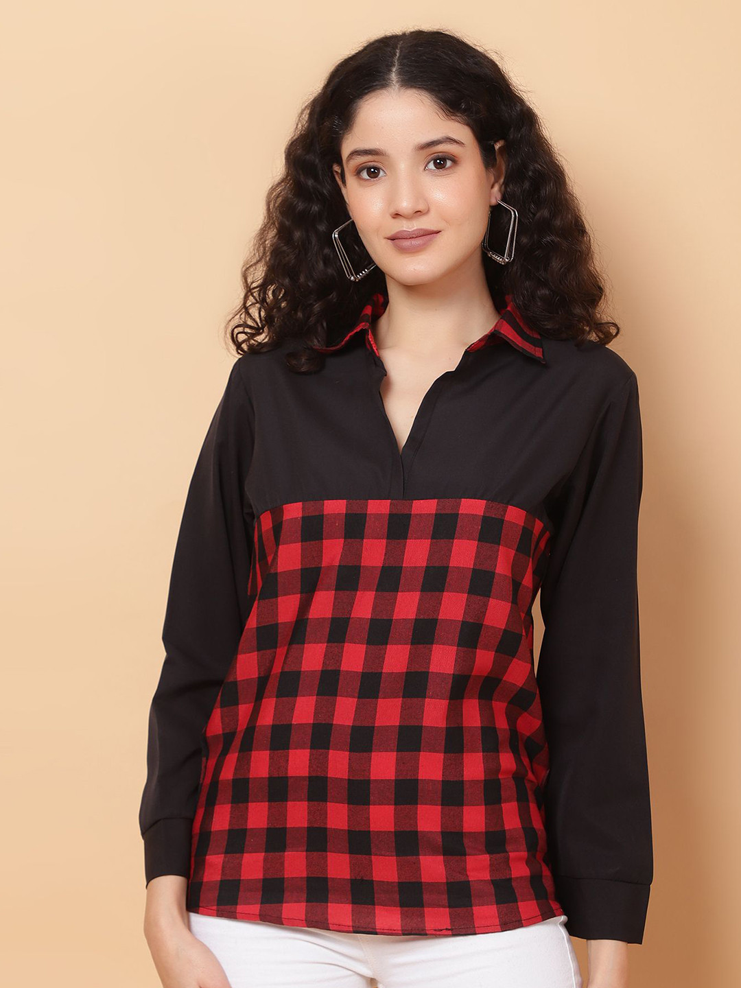 ROSEMELON Women Checked Shirt Collar Shirt Style Top