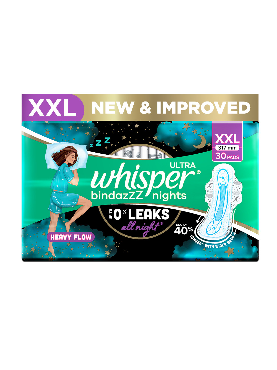 Whisper Bindazzz Nights XXL Sanitary Pads with Upto 0% Leaks All Night Long - 30 Pads