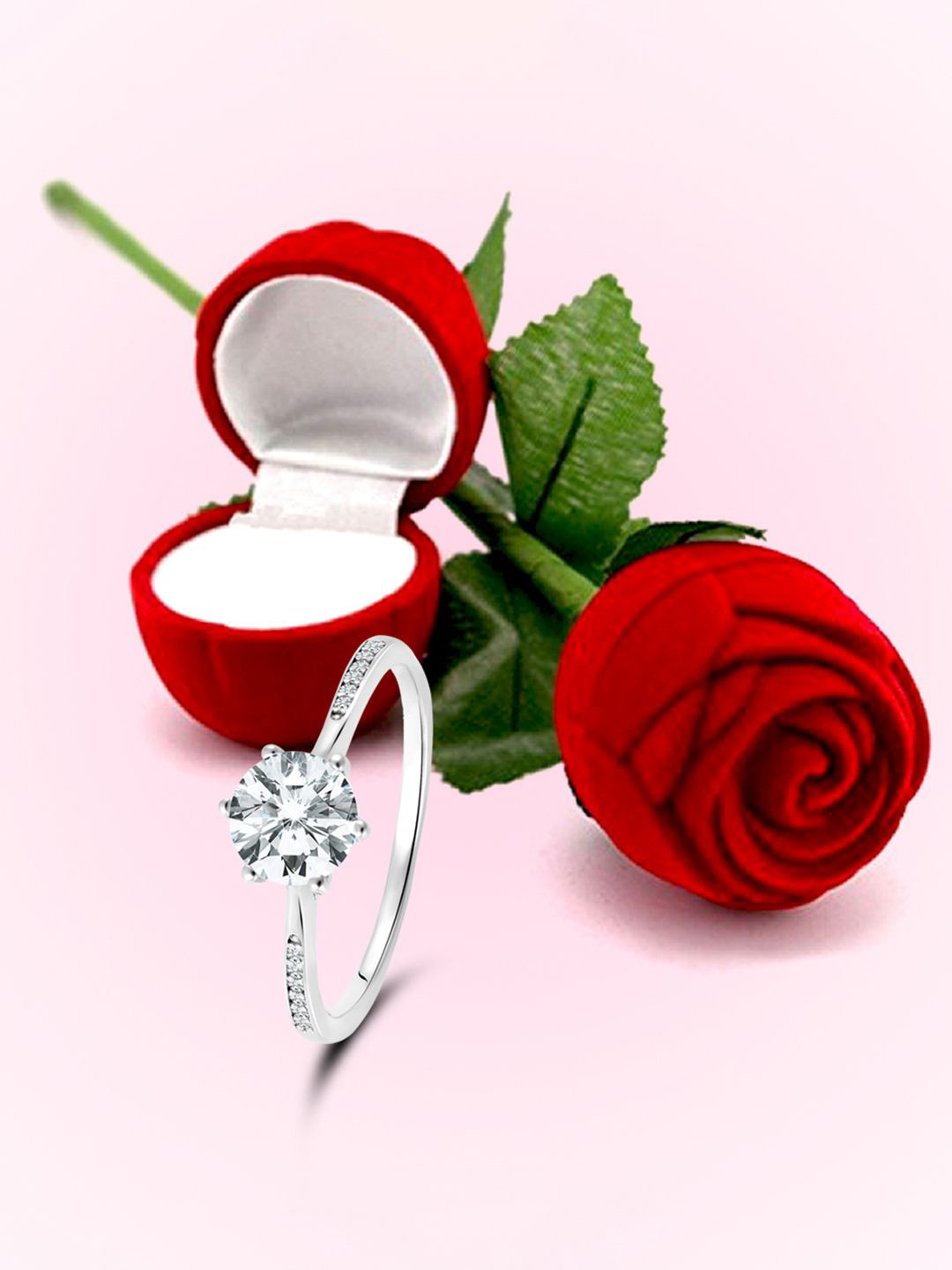 Peora 925 Sterling Silver-Plated Cubic Zirconia Studded Finger Ring With Rose Gift Box