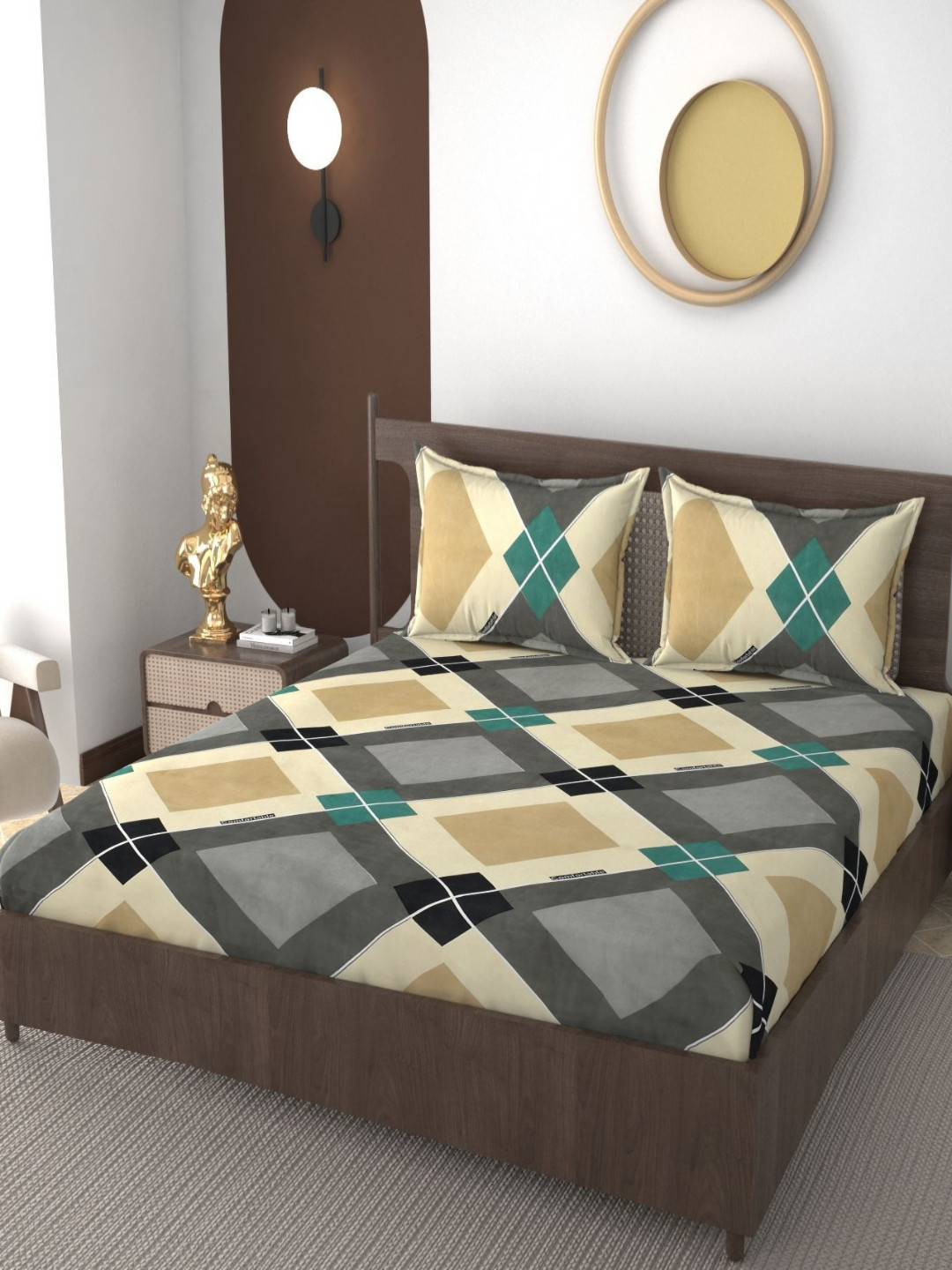 VOMZER Taringle Cream Geometric Cotton 210 TC Fitted Queen Superfine Bedsheet with 2 Pillow Covers-78 x 60 inches