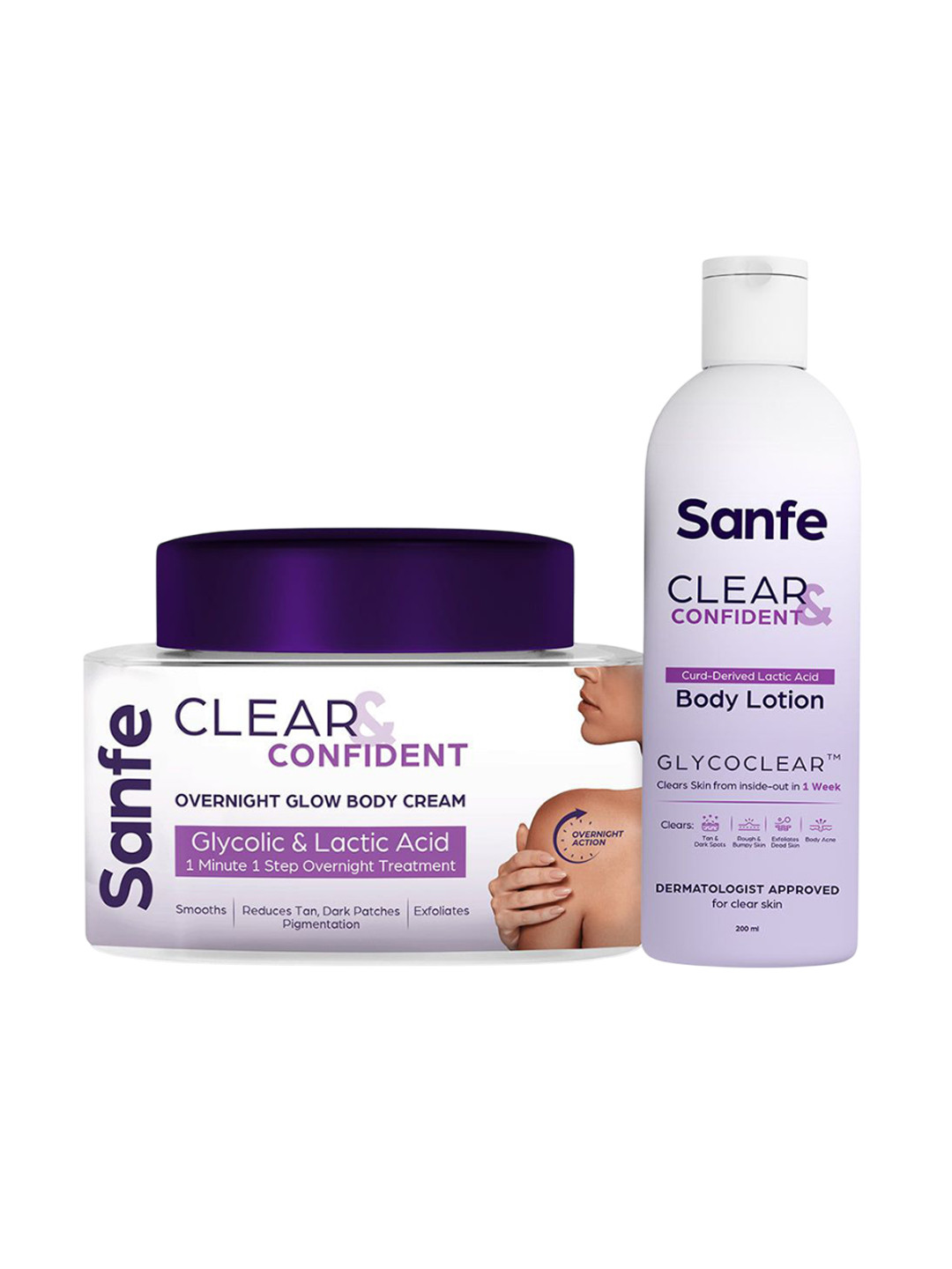Sanfe Set Of 2 Clear & Confident Glycolic Acid Body Lotion & Overnight Body Cream